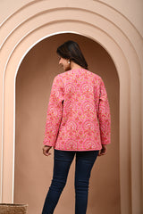 Cotton pink bagru print sun flower quilted womens full sleves jacket