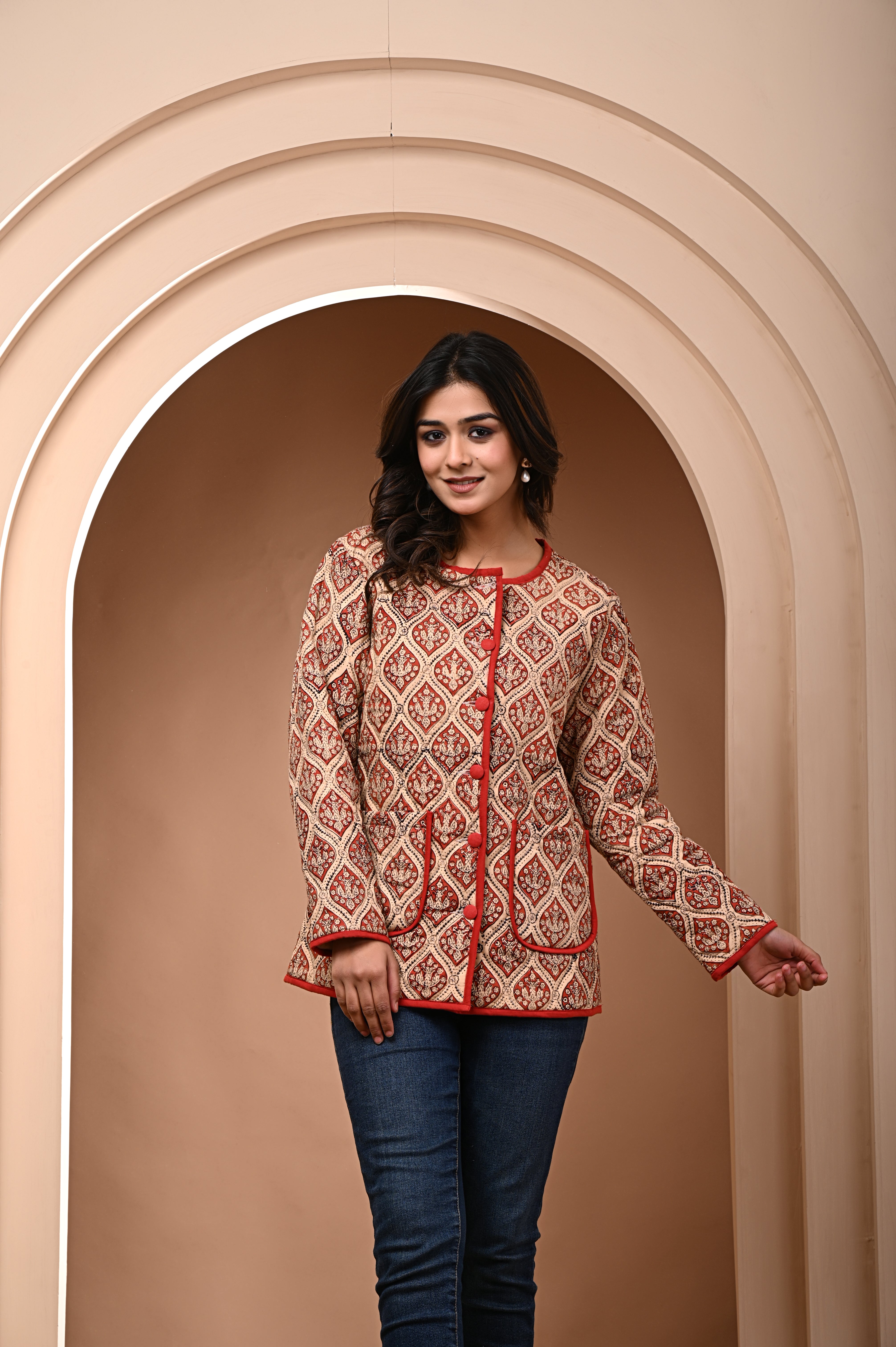 Cotton Quilted Full Sleeves Jacket Red Bagru Floral Print