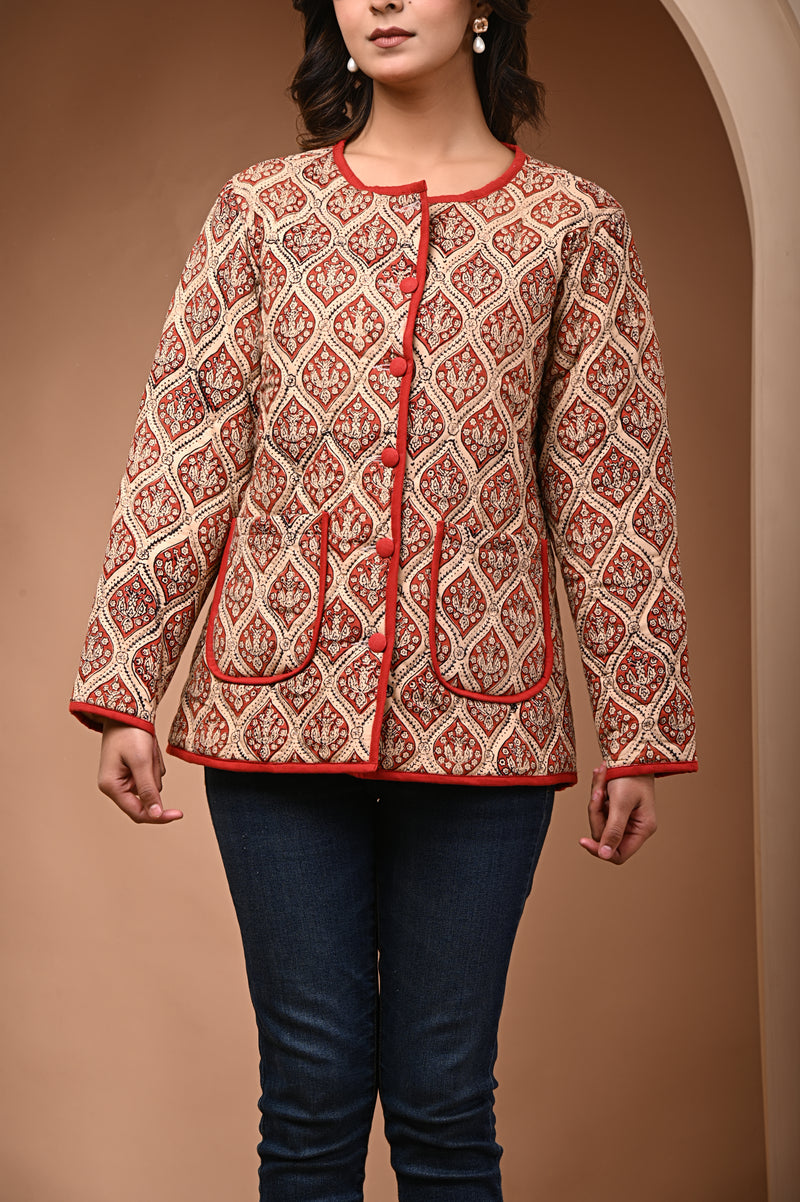 Cotton Quilted Full Sleeves Jacket Red Bagru Floral Print
