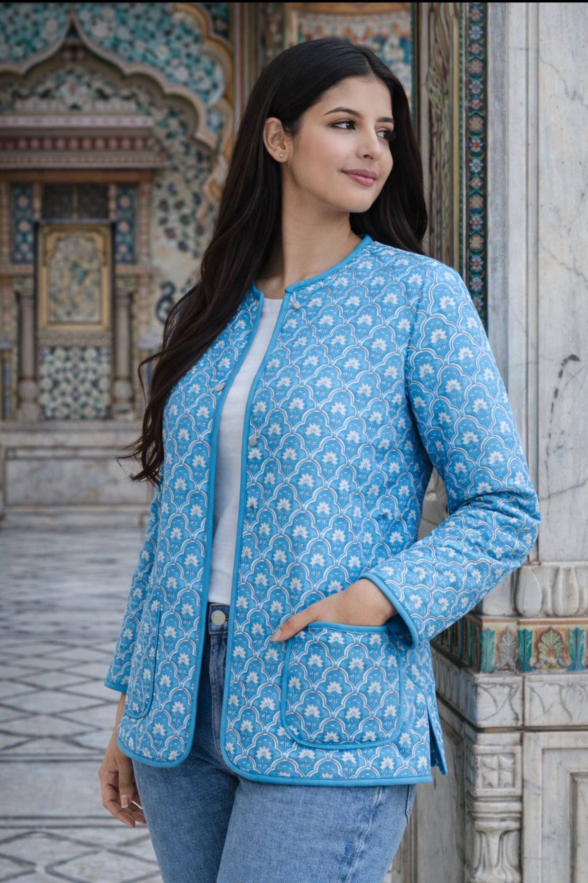 Cotton Women's Fullsleeves Jacket Light Blue-White Floral