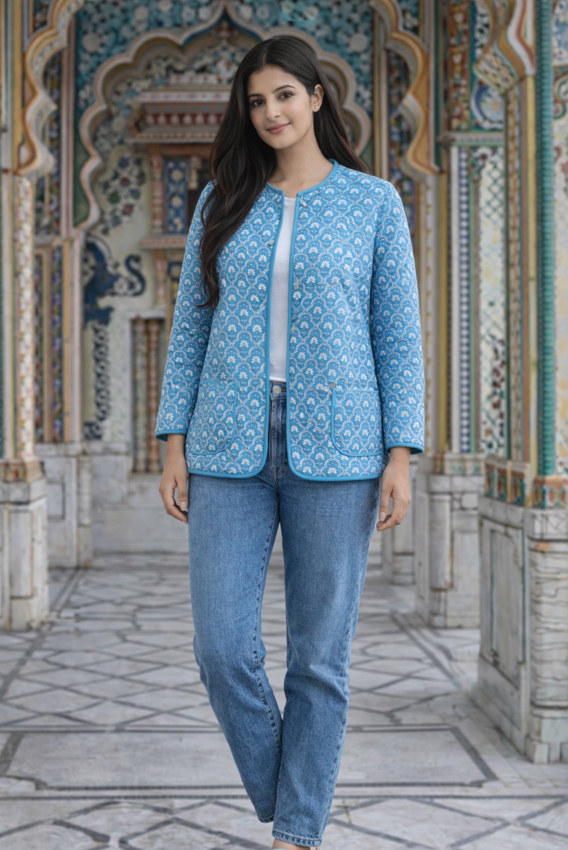 Cotton Women's Fullsleeves Jacket Light Blue-White Floral