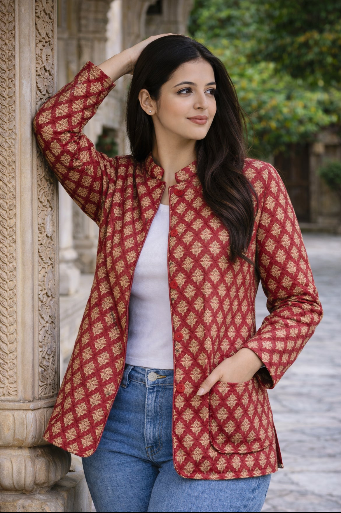 Cotton Women's Fullsleeves Jacket Red-Brown  Floral print