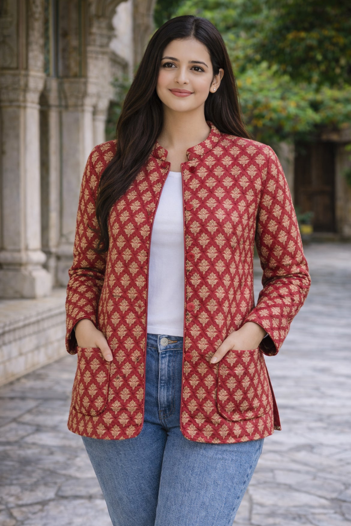 Cotton Women's Fullsleeves Jacket Red-Brown  Floral print
