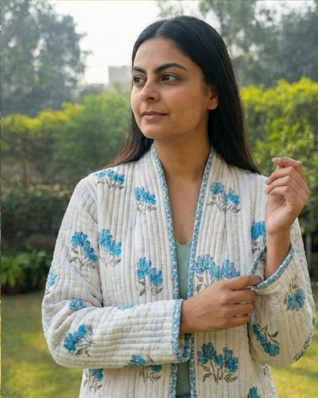 Cotton Women's Quilted White- Light Blue Floral Long Jacket
