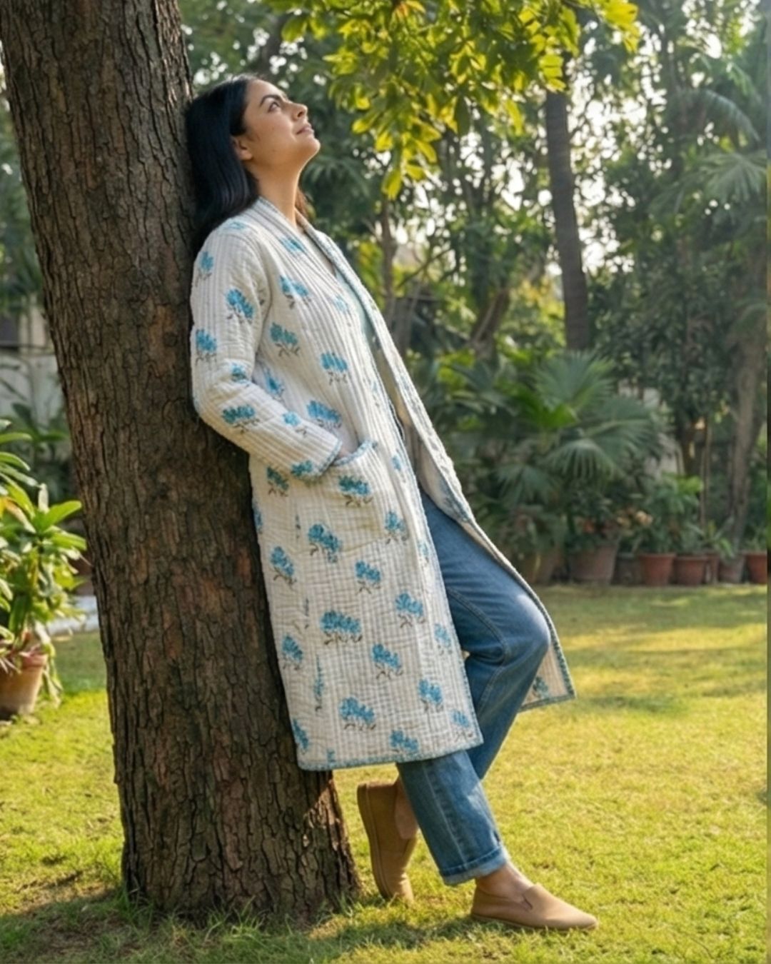 Cotton Women's Quilted White- Light Blue Floral Long Jacket