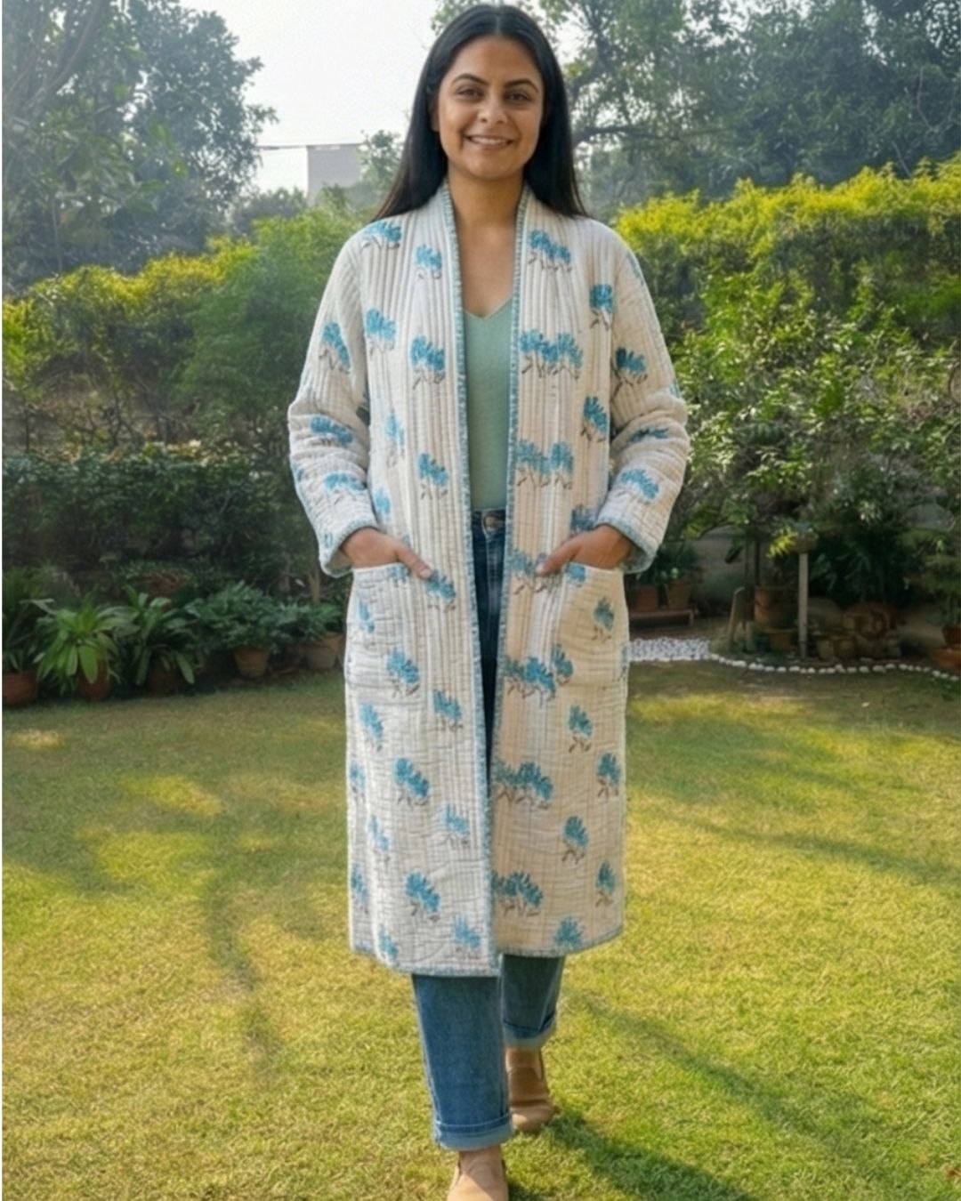 Cotton Women's Quilted White- Light Blue Floral Long Jacket
