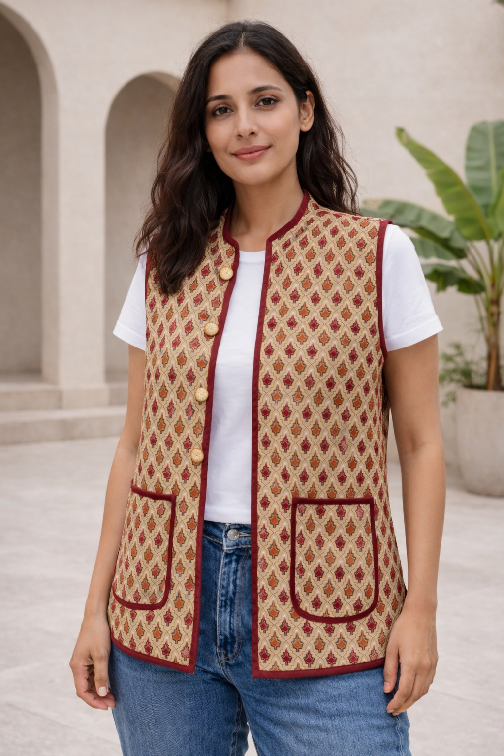 Cotton Women's Quilted Red-Brown Booti Block Print Sleevless Jacket