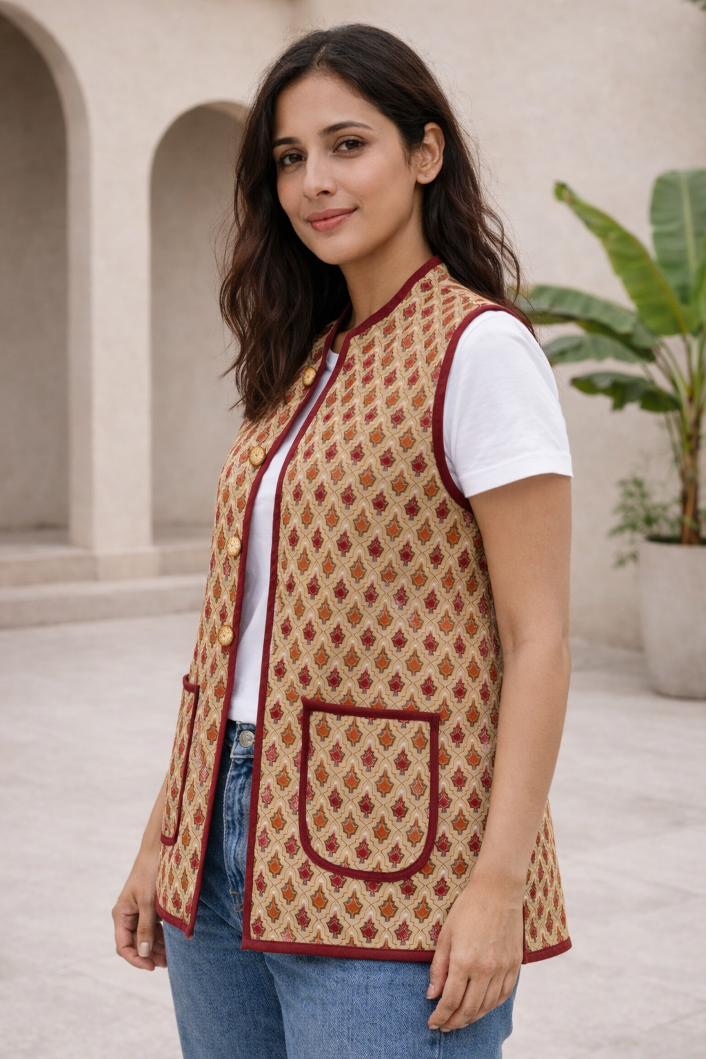 Cotton Women's Quilted Red-Brown Booti Block Print Sleevless Jacket