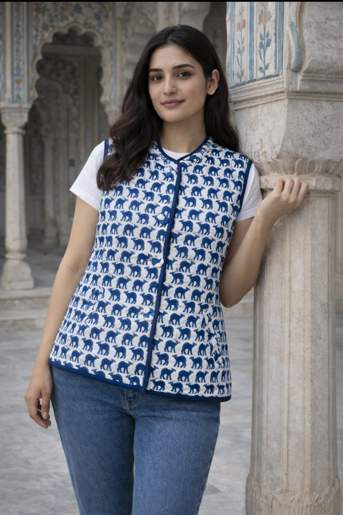 Cotton Women's Quilted Blue Camel Sleevless Jacket