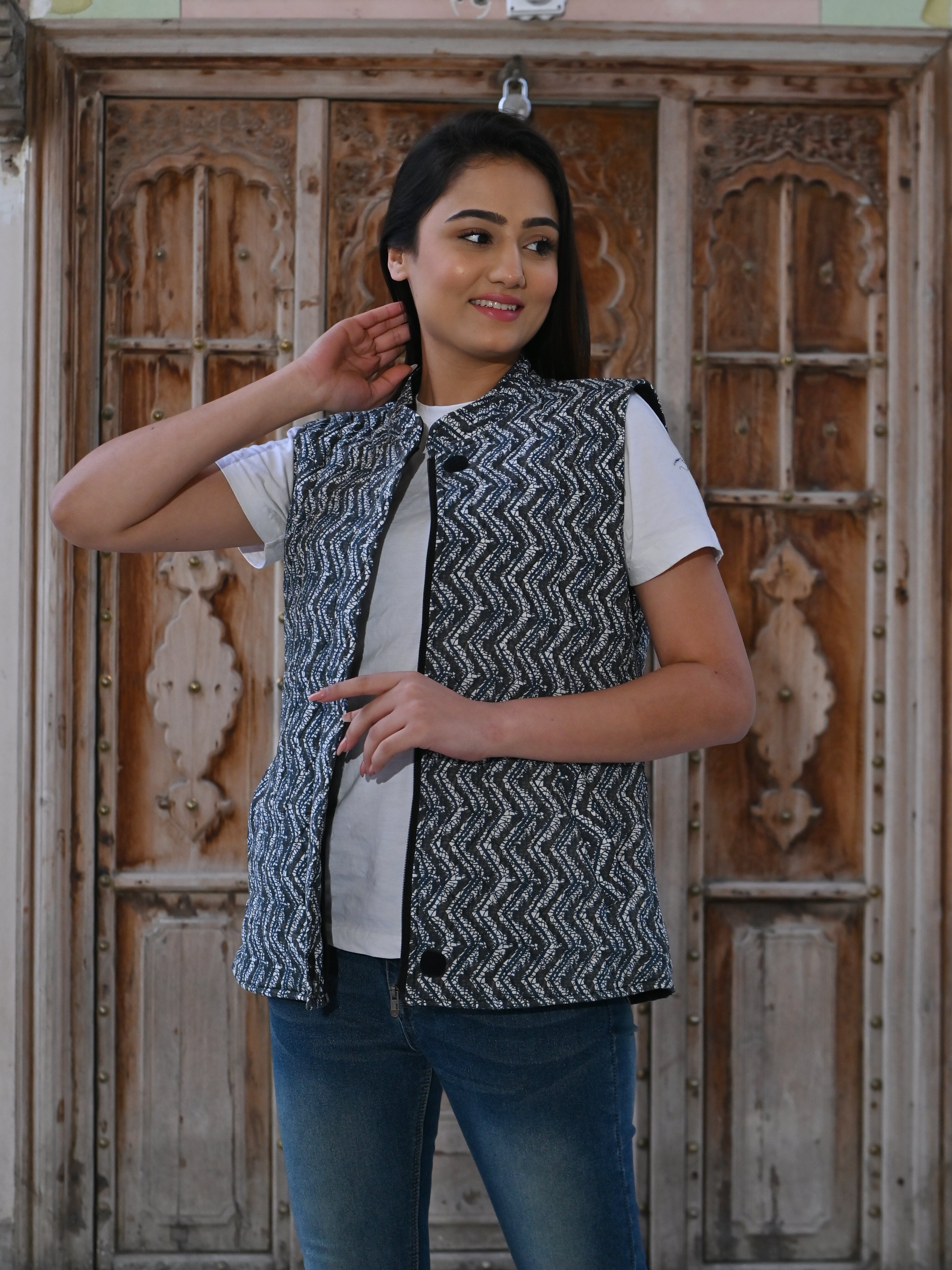 Black & White Cotton Quilted Sleeveless Jacket