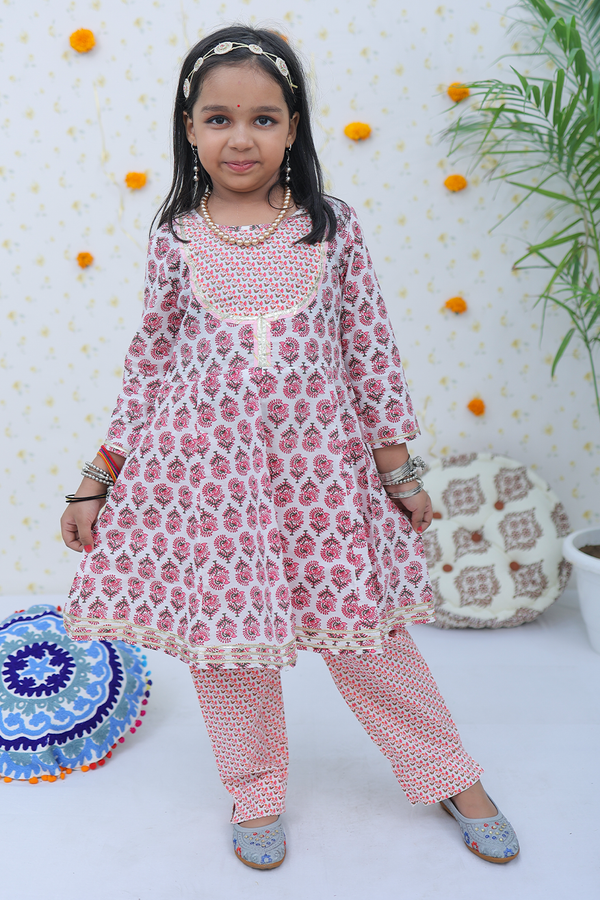 Strawberry Pink Flower Motif Cotton Kids Suit