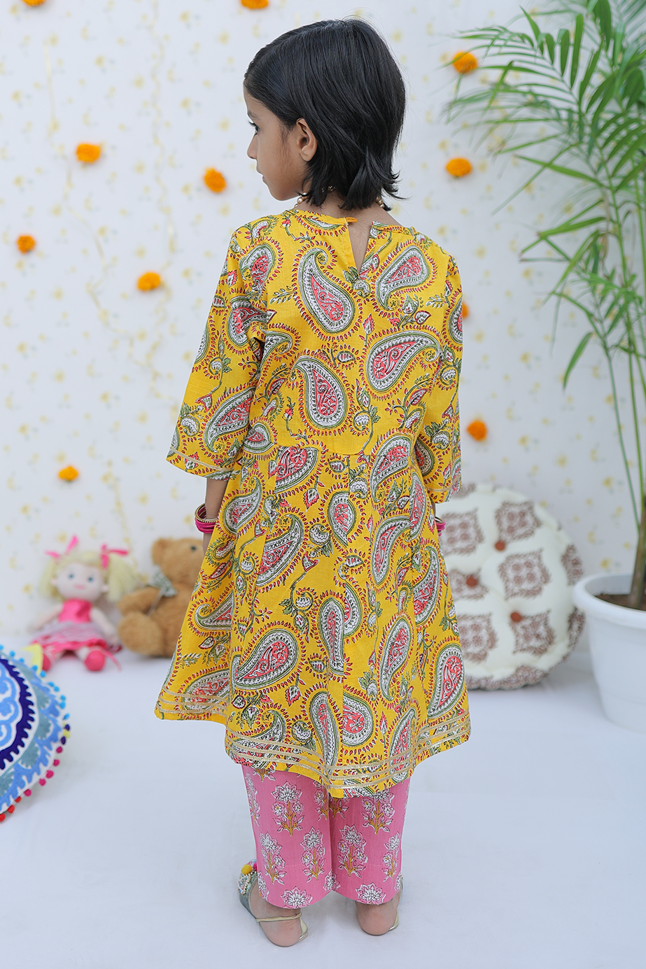 Cotton Mustard Floral Print Girl's Suit