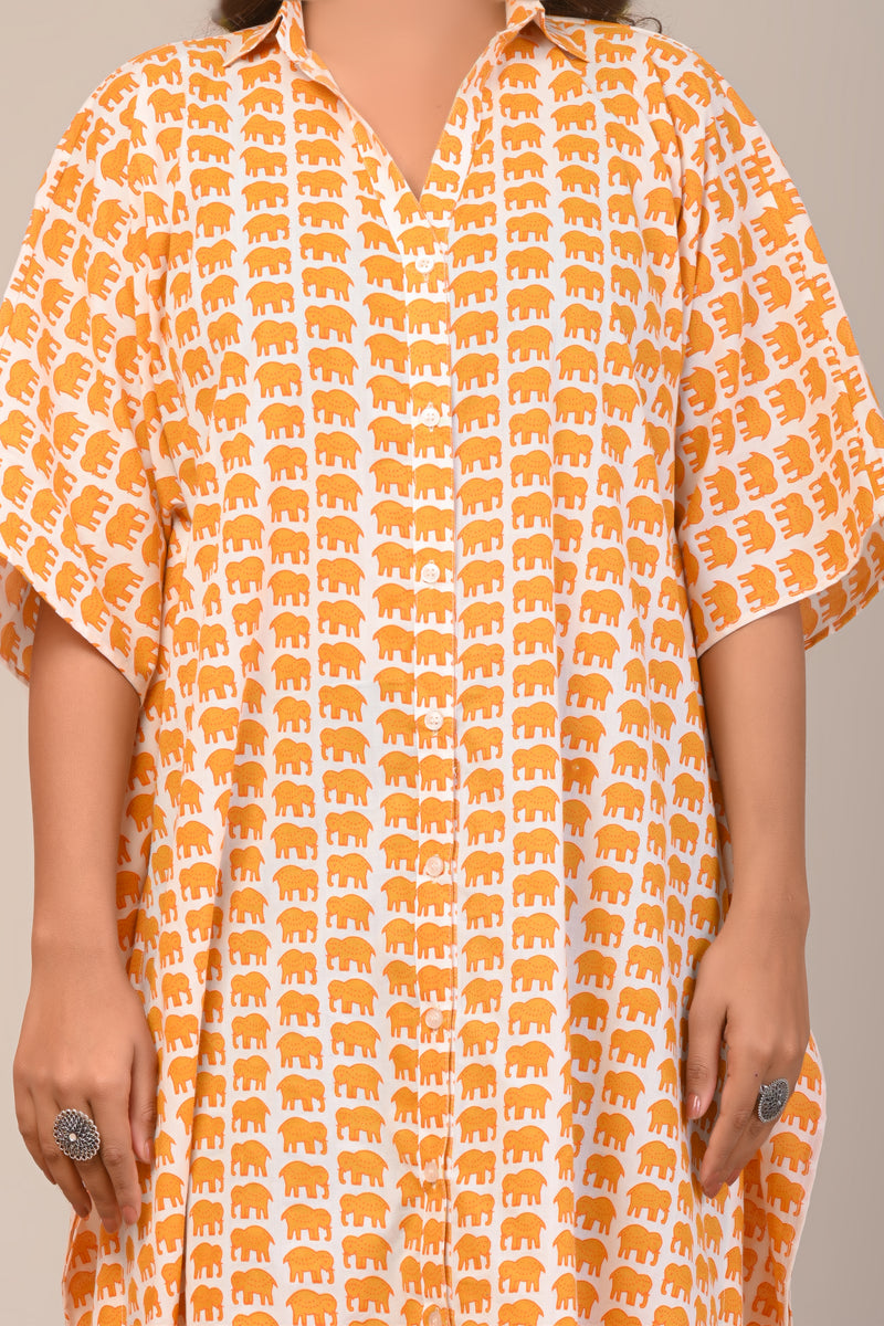 Cotton Yellow Elephant Womens Kaftan Shirt Dress