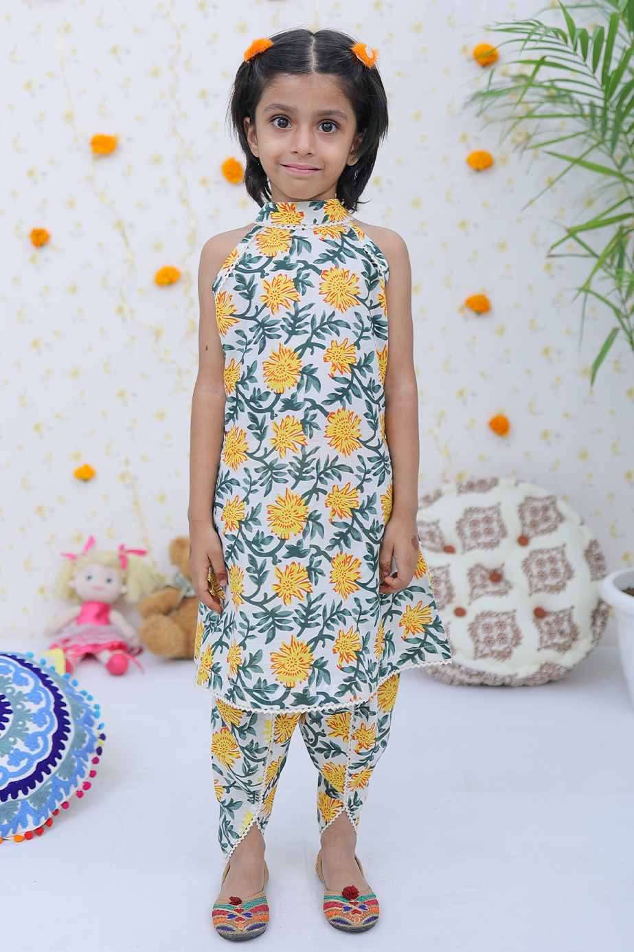 Cotton Yellow Green Floral Girl's Kurta Tulip Salwar Set