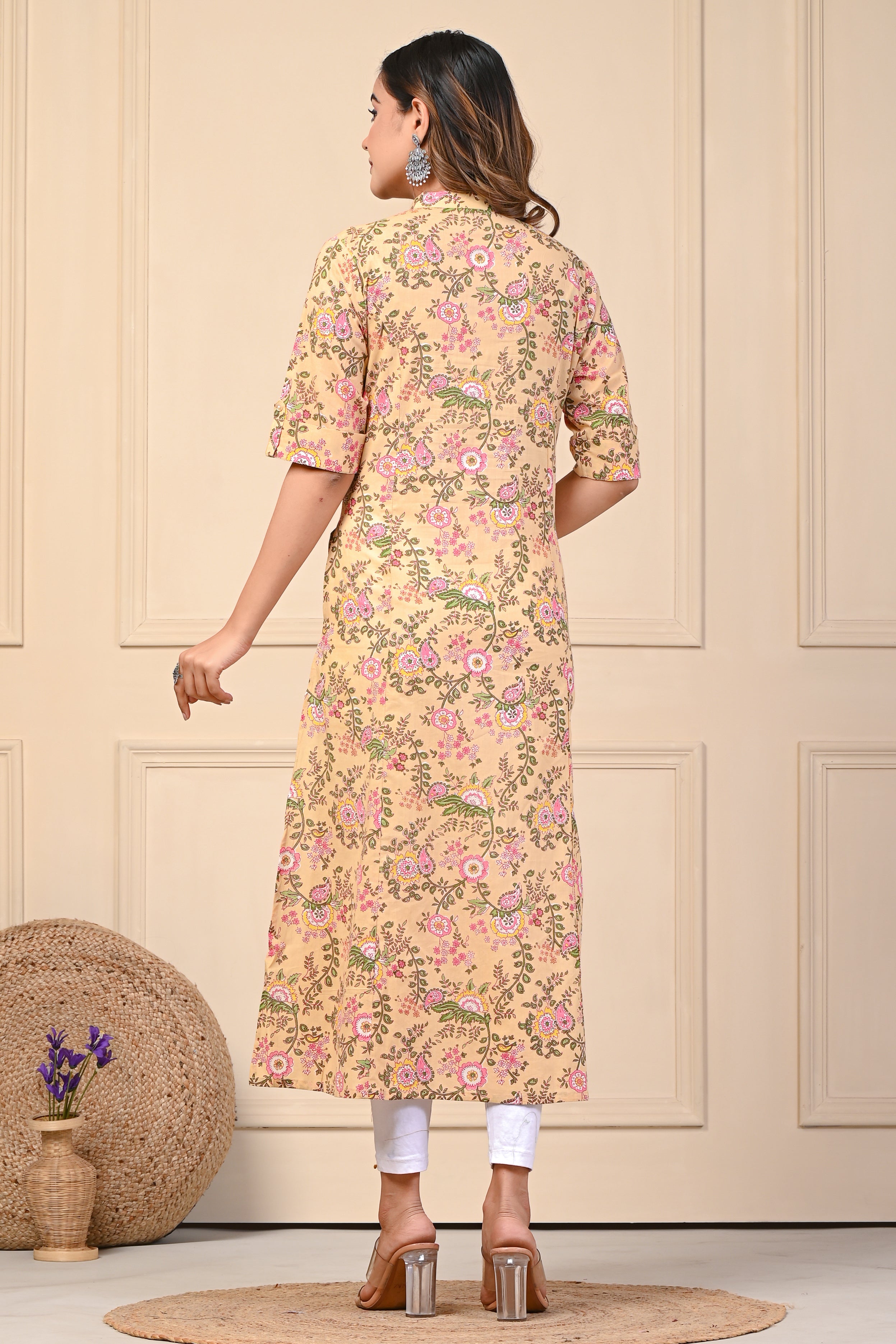 Cotton Yellow Bouquet Floral Straight Kurti