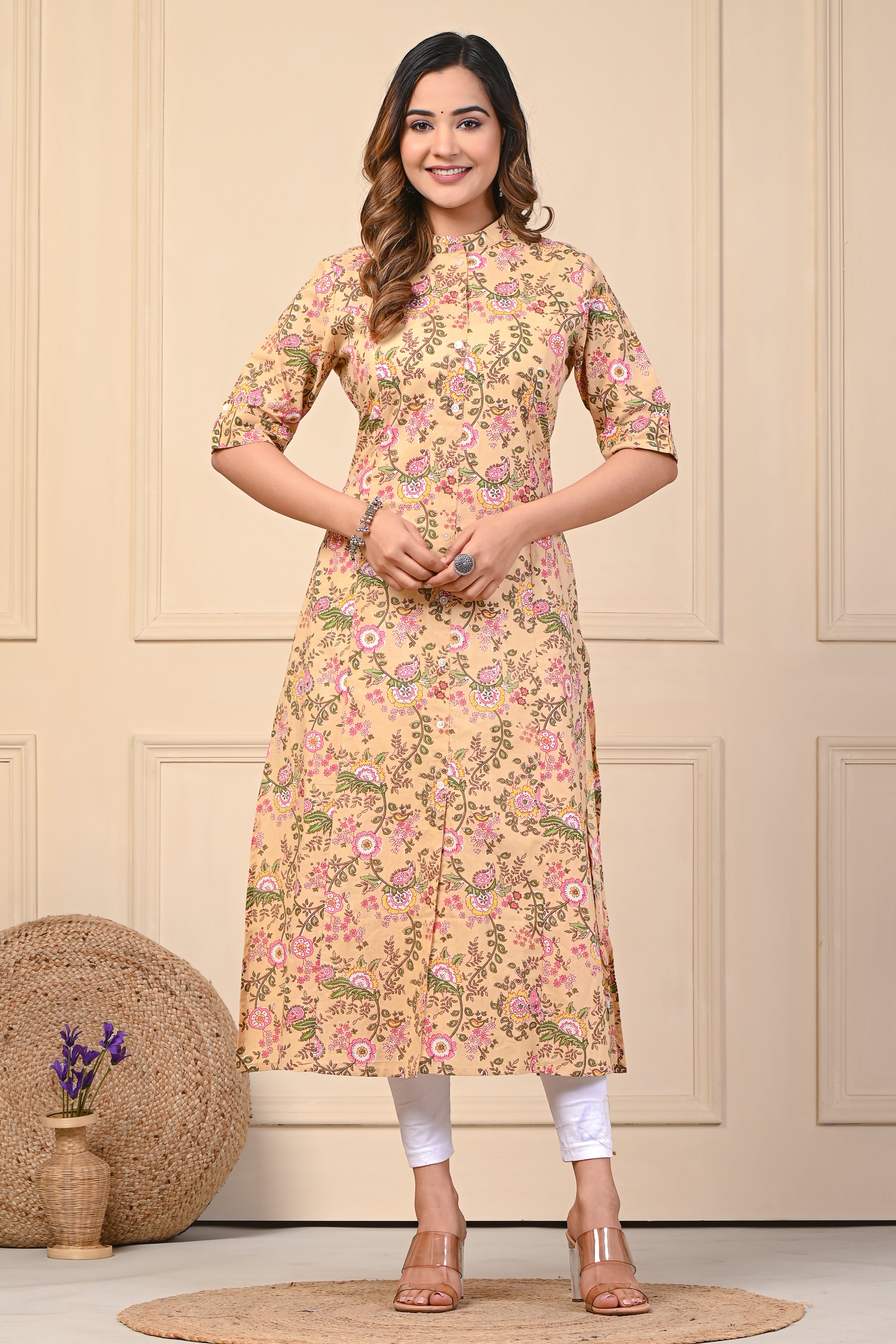 Cotton Yellow Bouquet Floral Straight Kurti