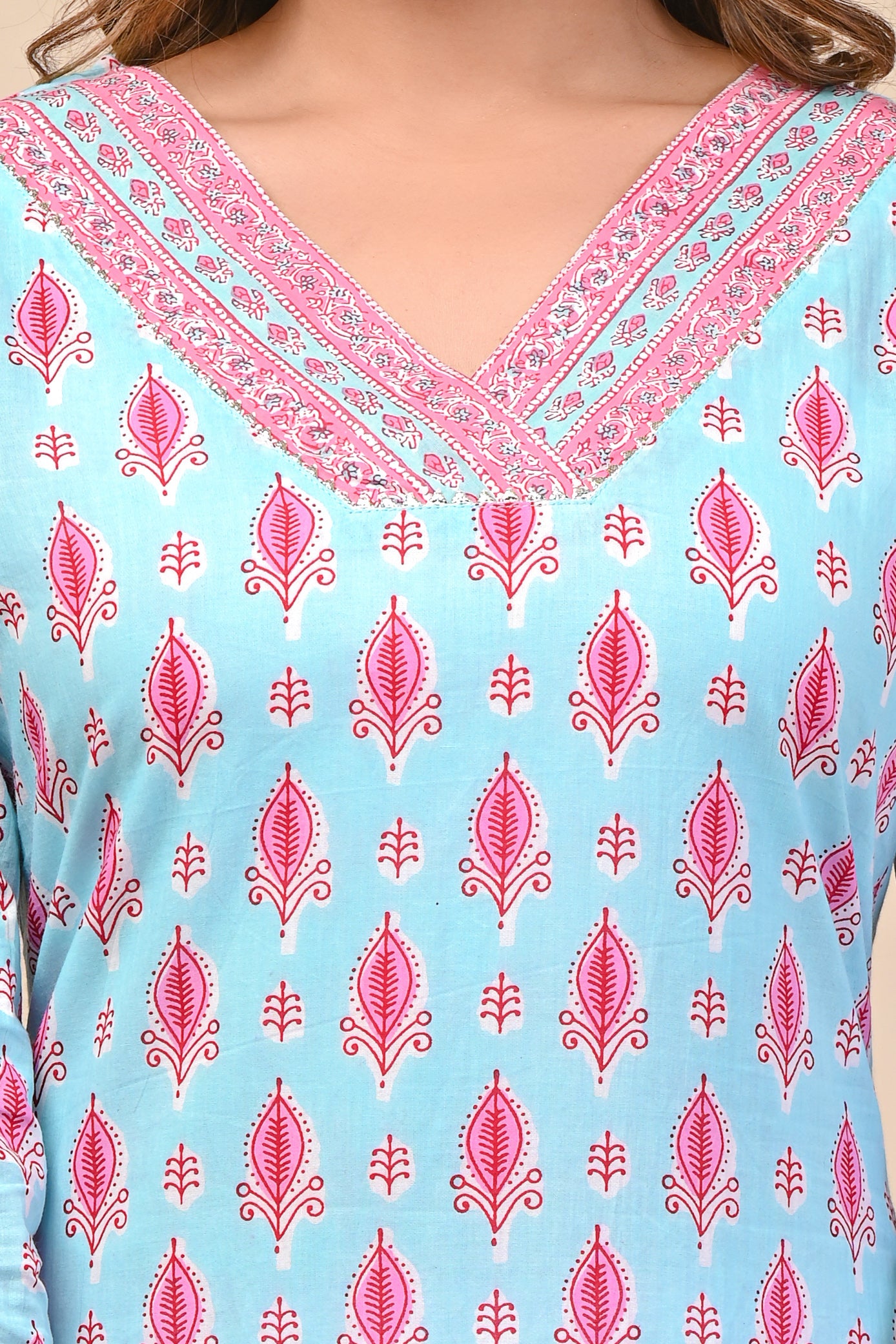Cotton Powder Blue Floral Straight Kurti
