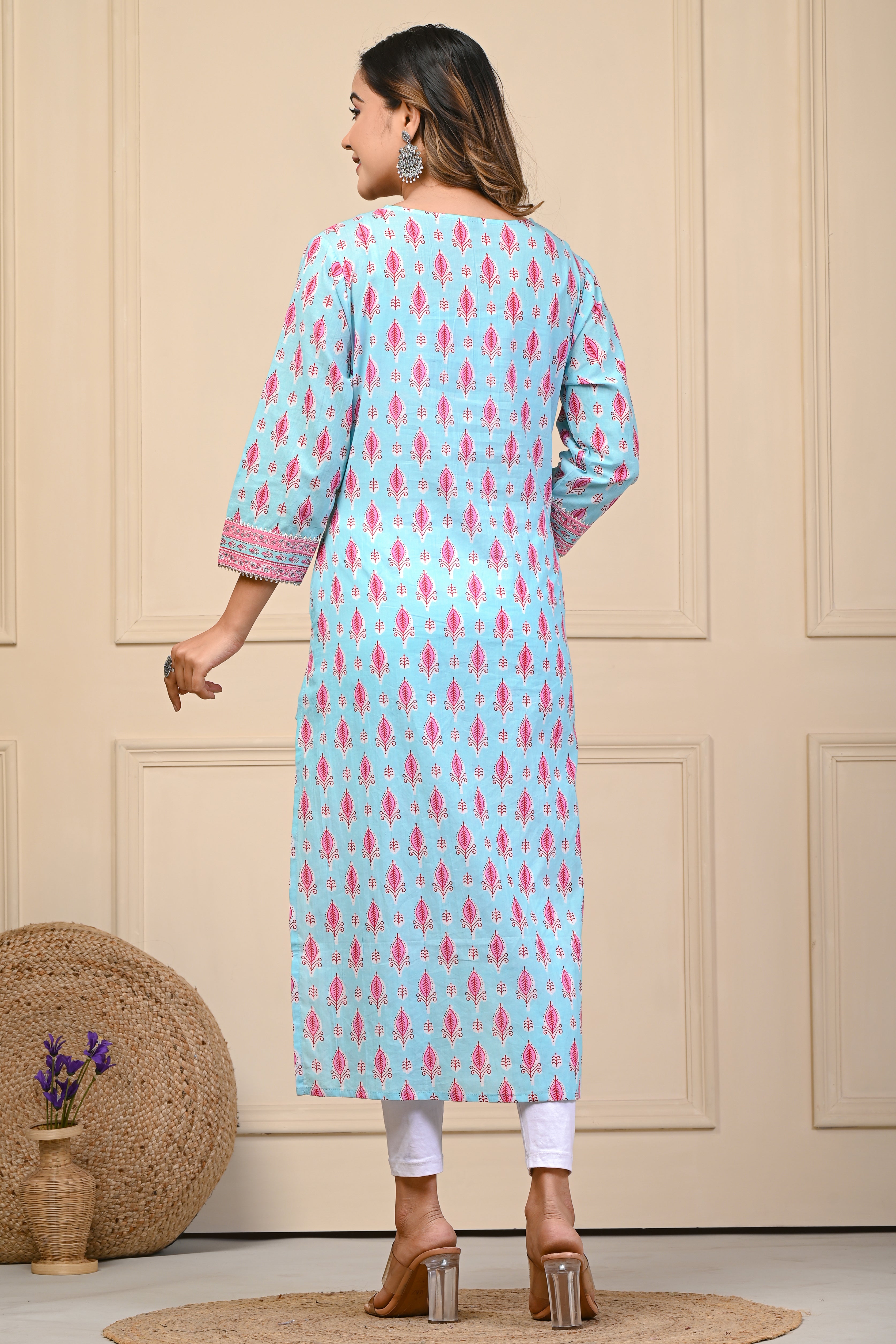 Cotton Powder Blue Floral Straight Kurti