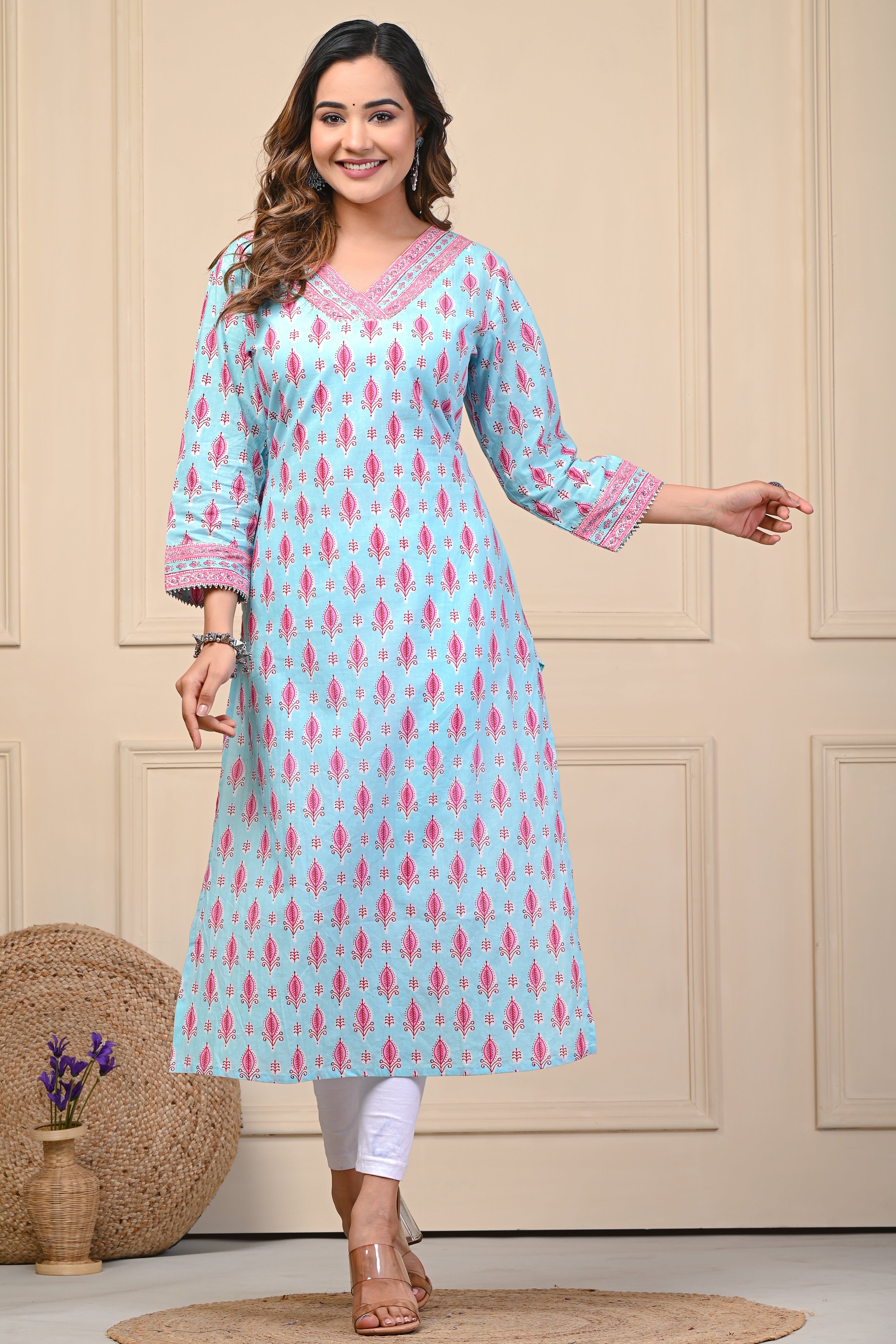 Cotton Powder Blue Floral Straight Kurti