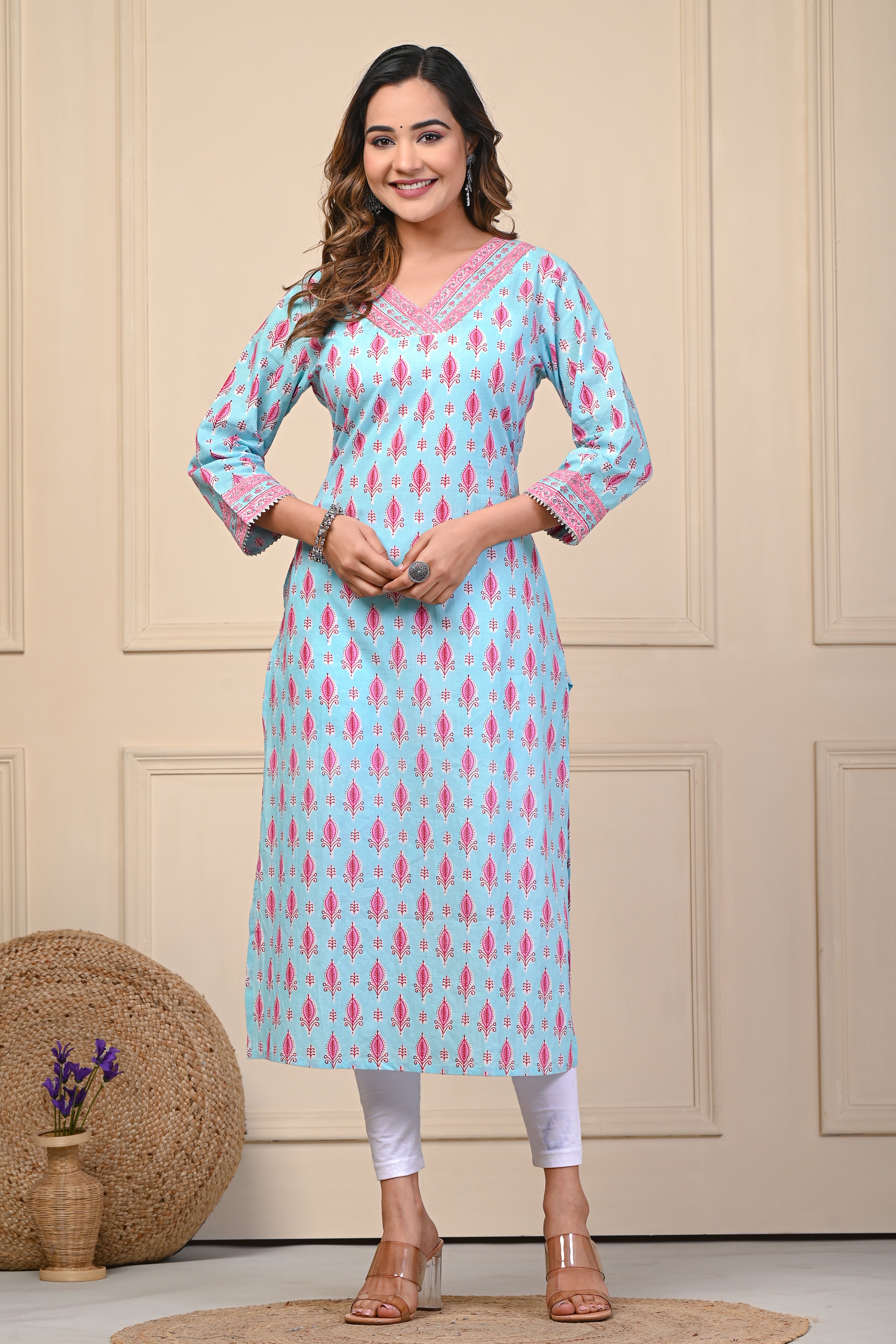 Cotton Powder Blue Floral Straight Kurti