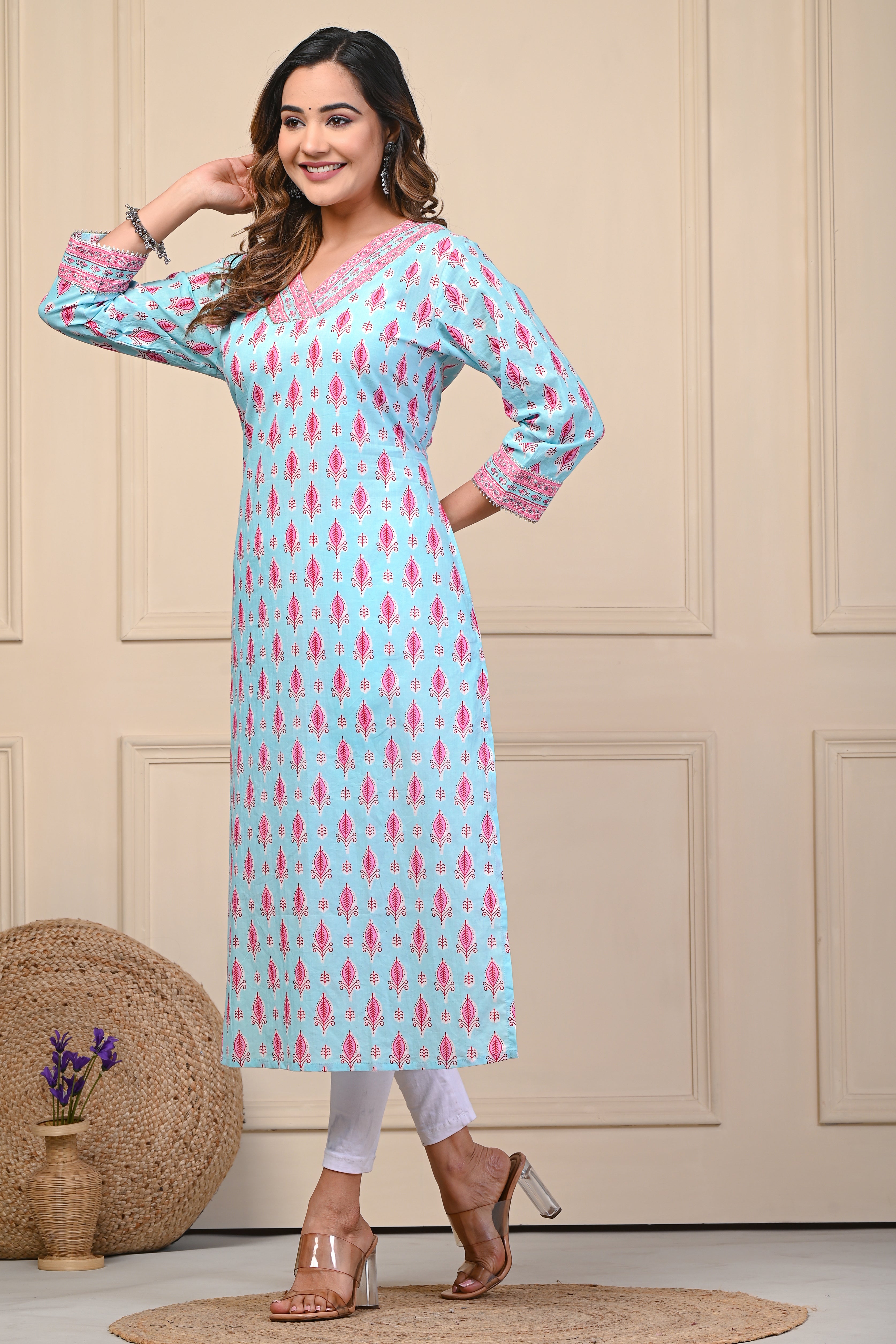 Cotton Powder Blue Floral Straight Kurti