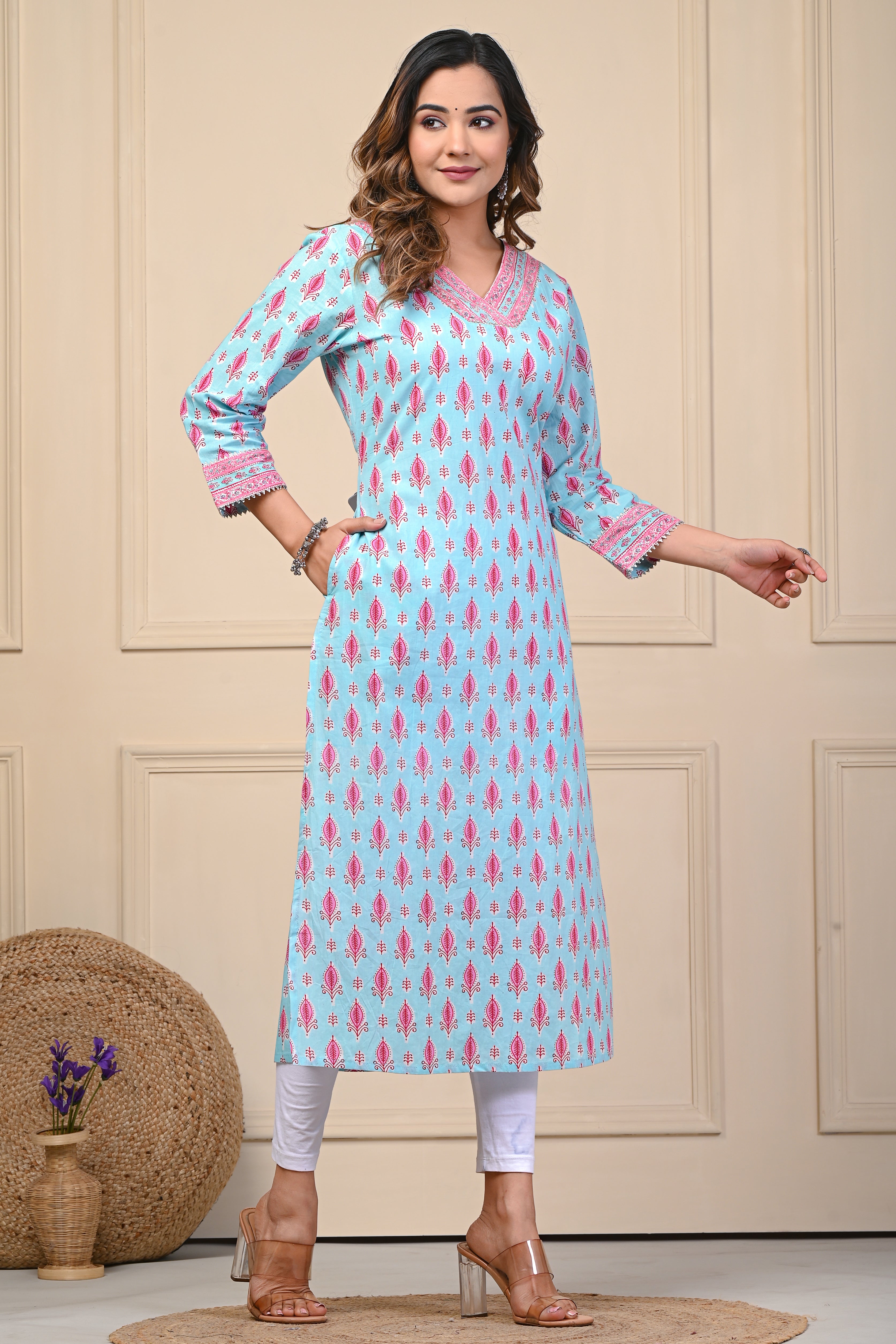 Cotton Powder Blue Floral Straight Kurti