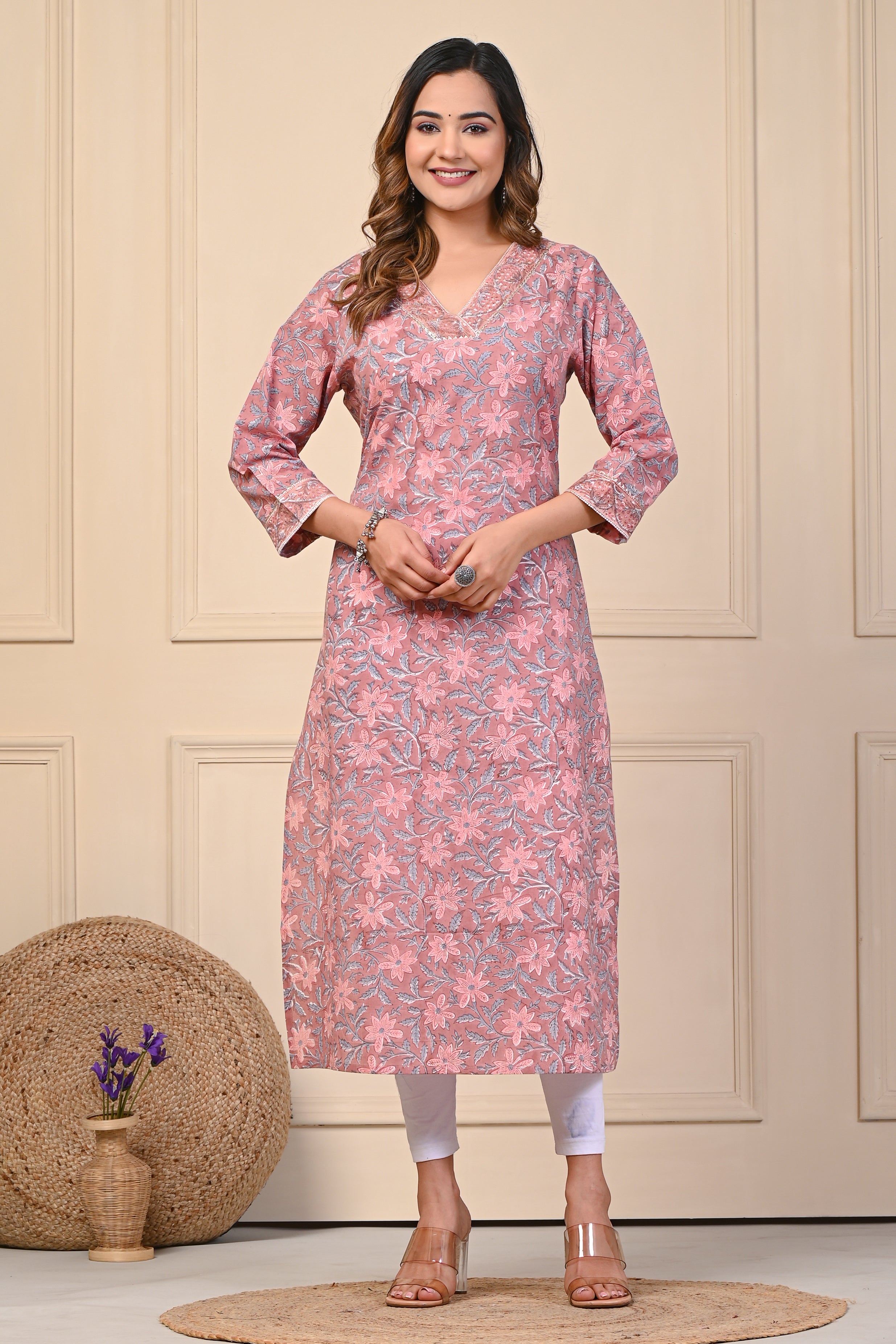 Cotton Ray Umber Floral Block Print Straight Kurti