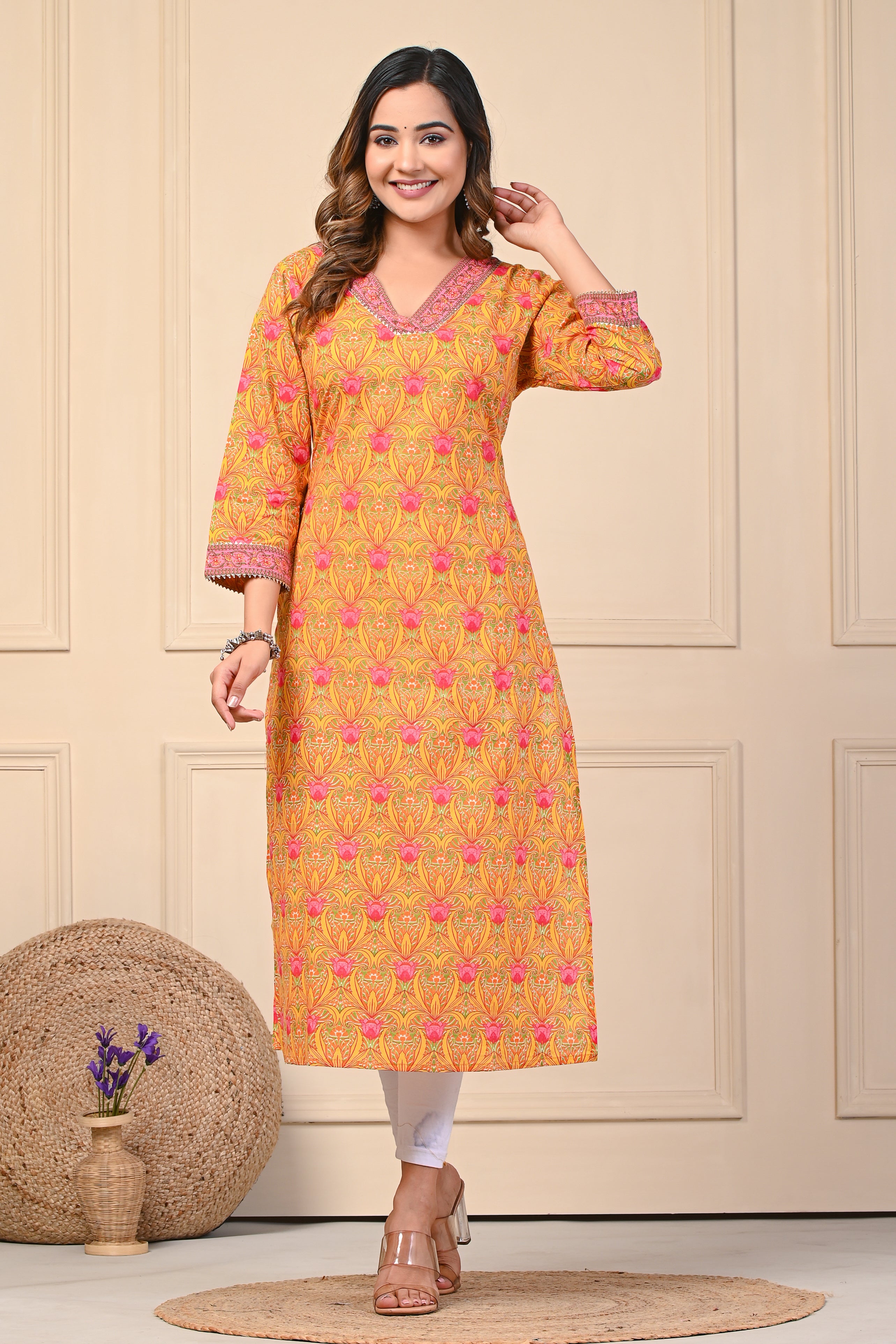 Cotton Pink Green Floral Straight Kurti