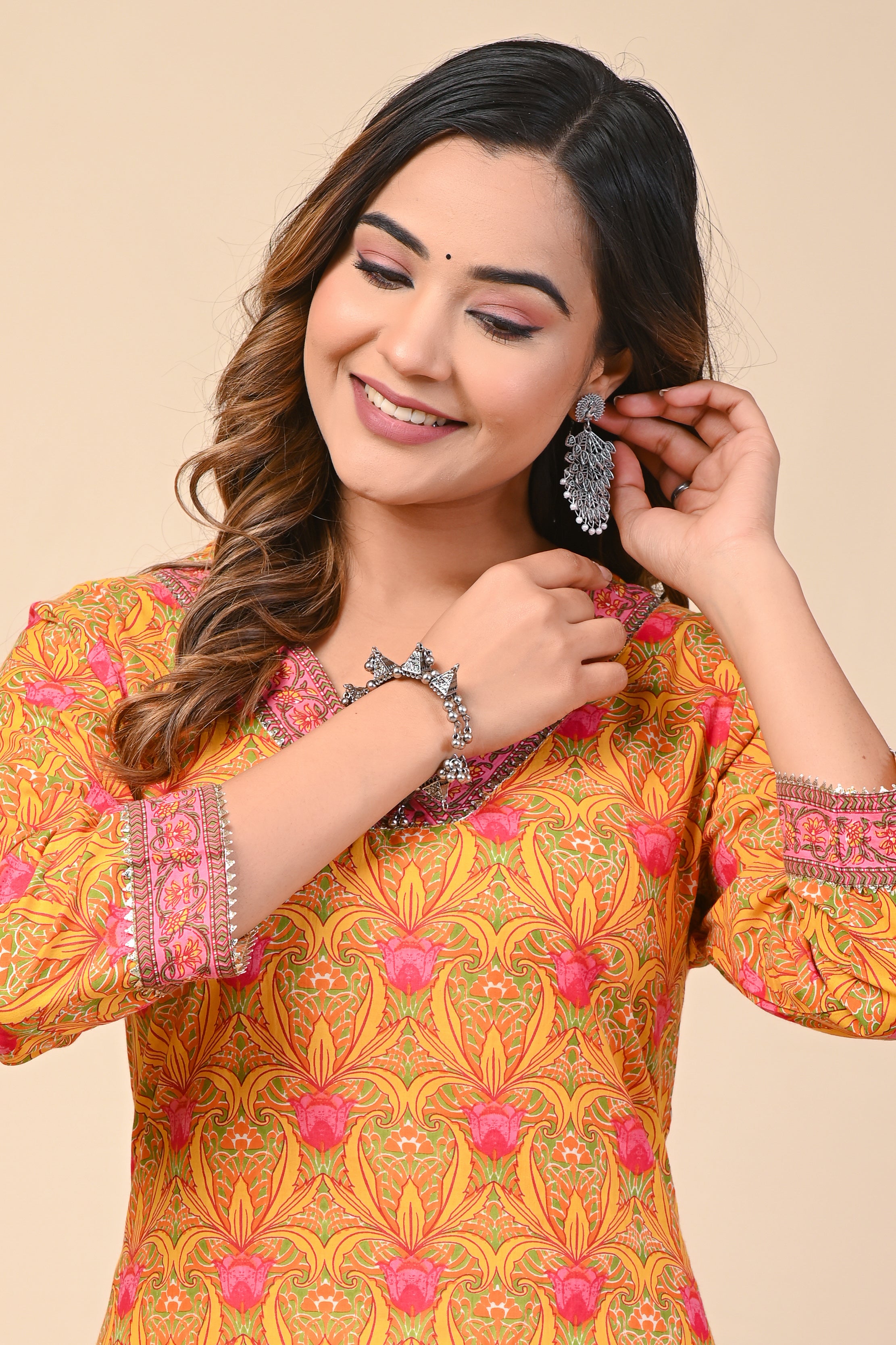 Cotton Pink Green Floral Straight Kurti