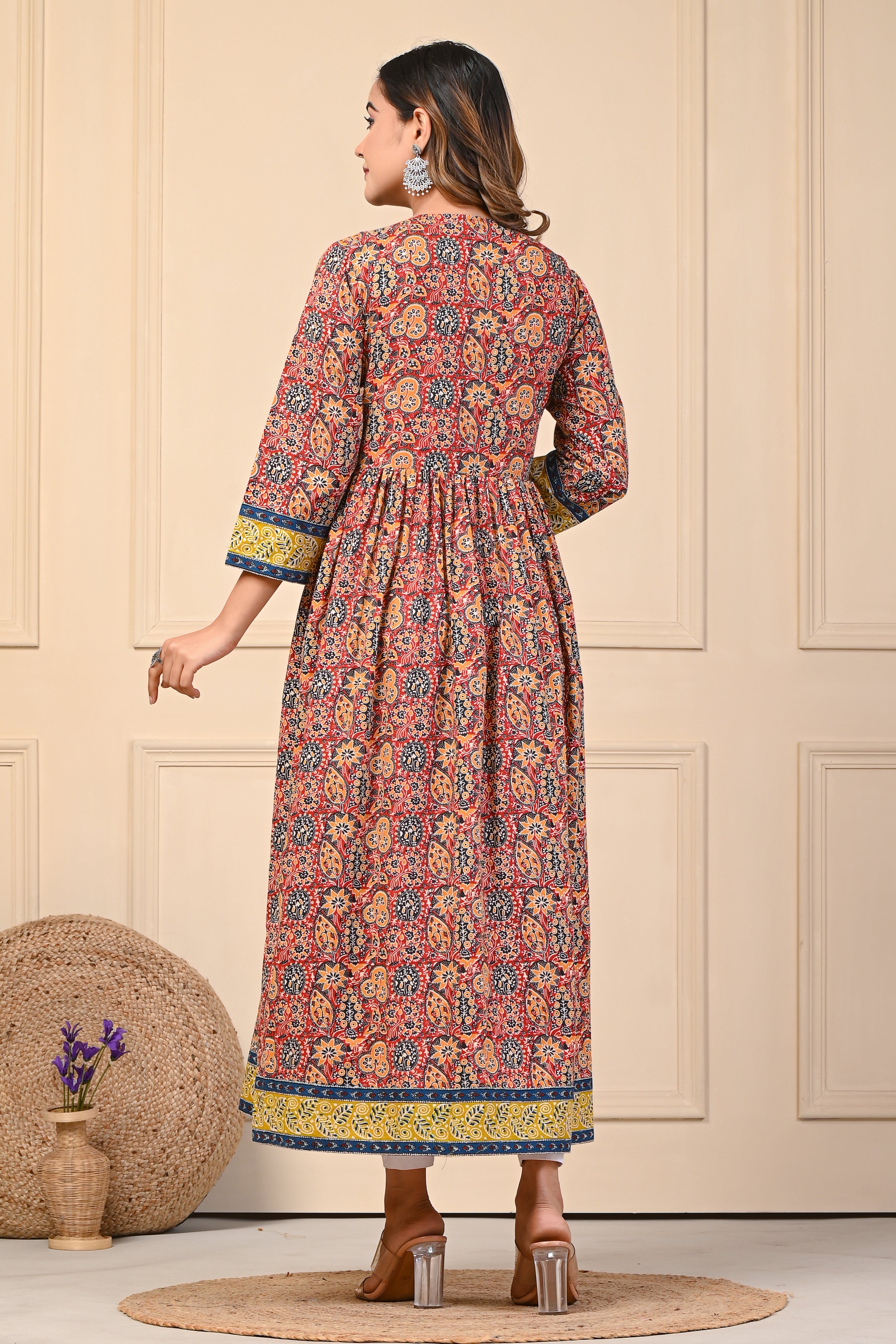 Cotton Mustard Motif Anarkali Floral Kurti