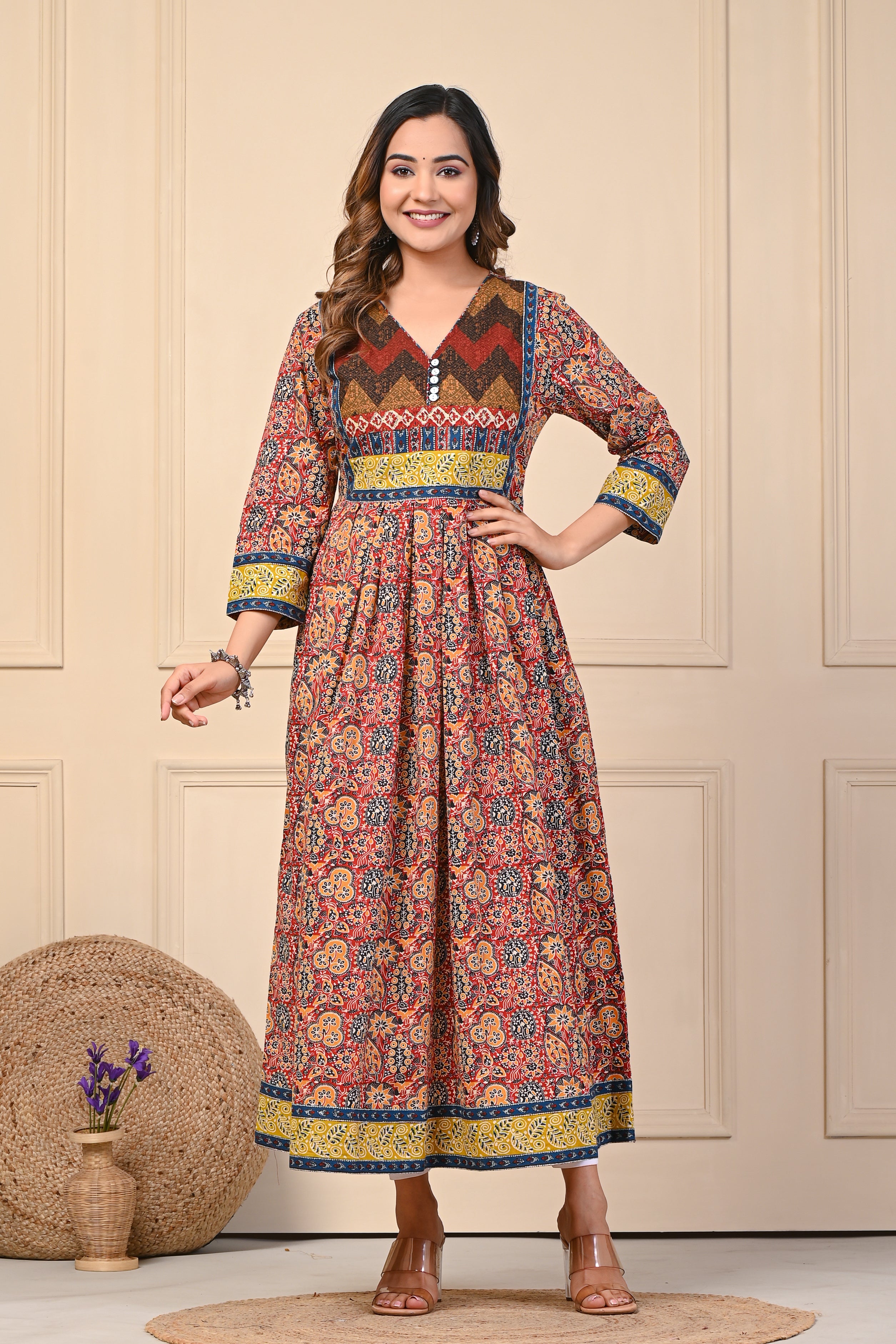 Cotton Mustard Motif Anarkali Floral Kurti