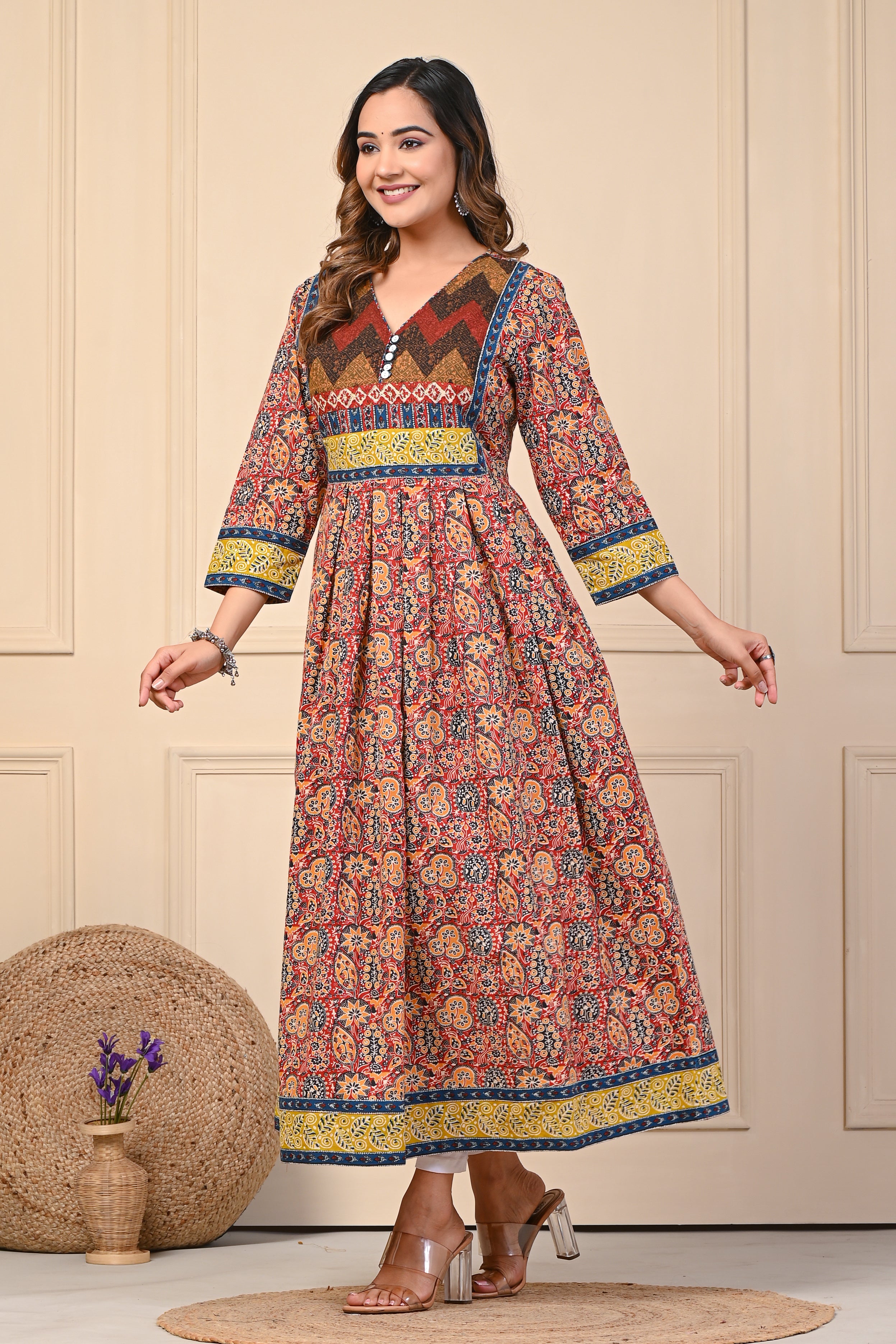Cotton Mustard Motif Anarkali Floral Kurti