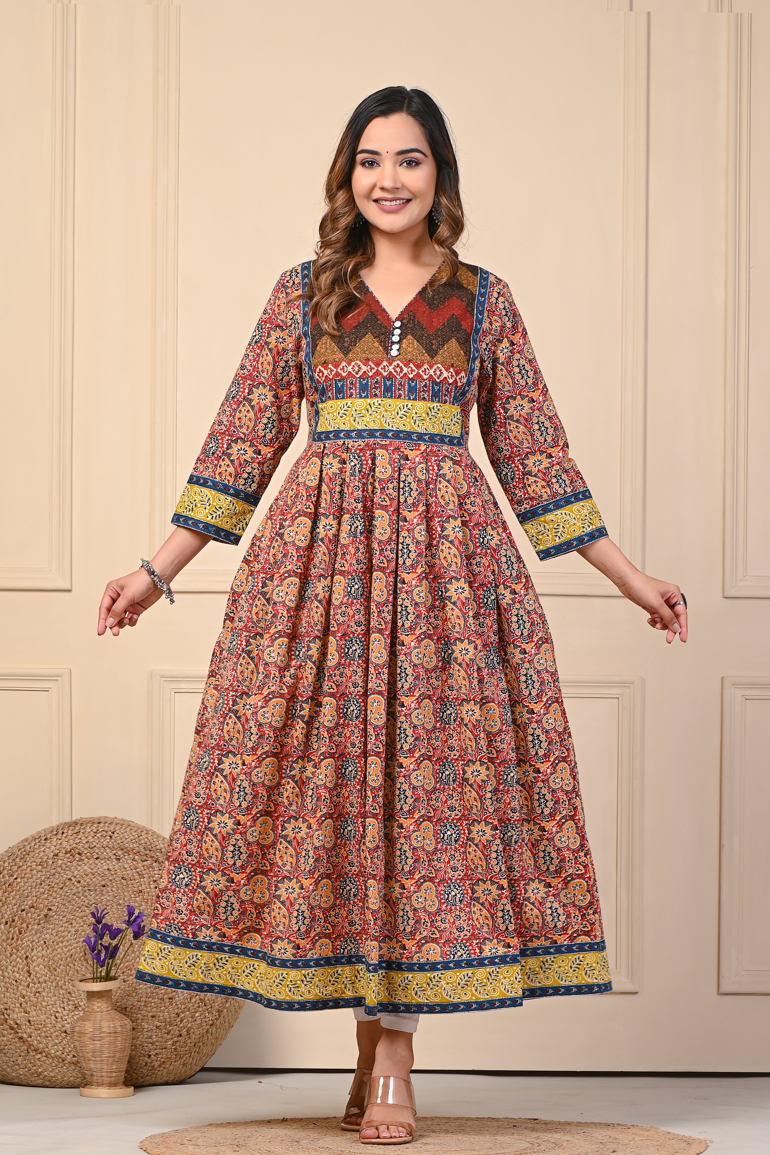 Cotton Mustard Motif Anarkali Floral Kurti