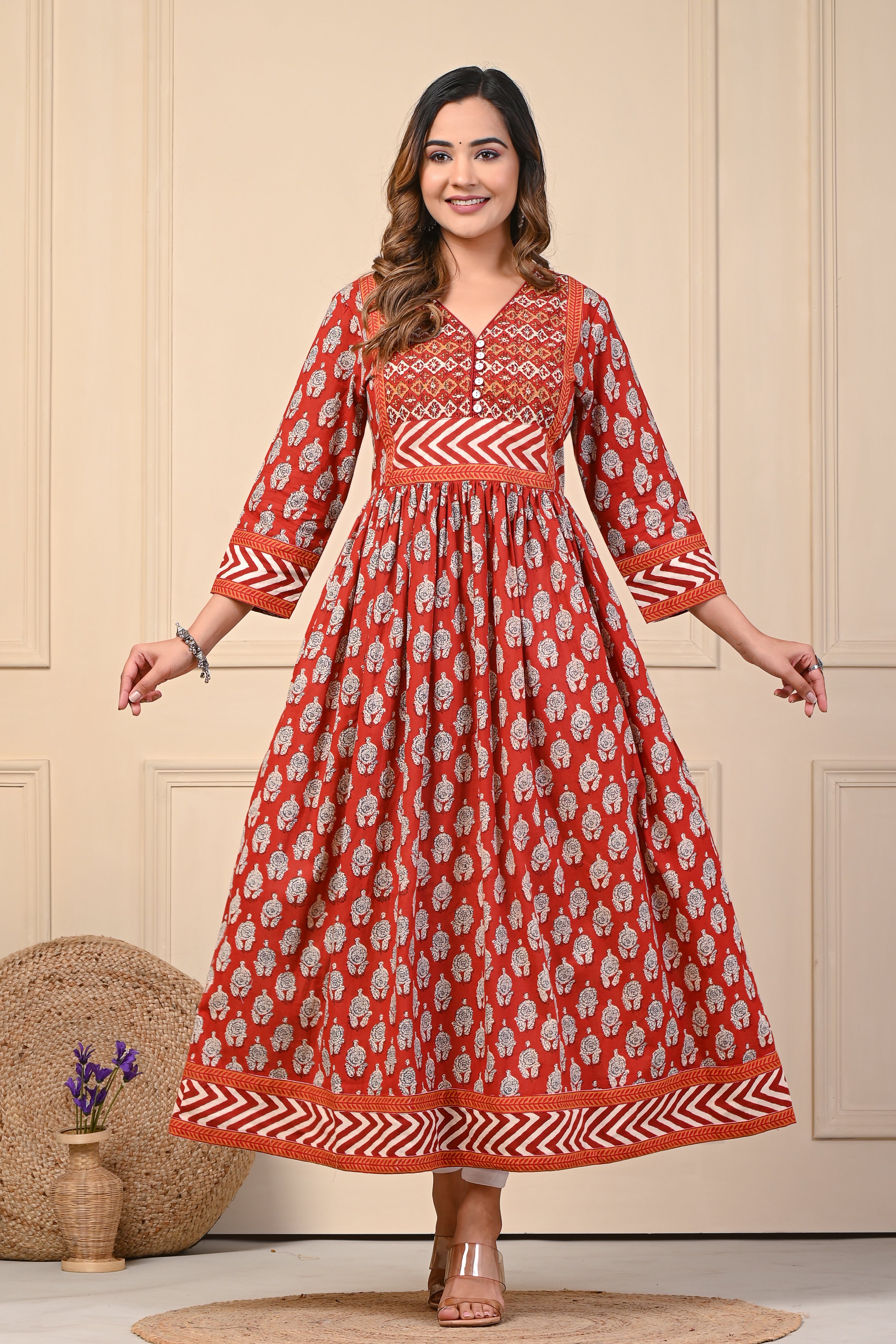 Cotton Red Motif Anarkali Floral Kurti