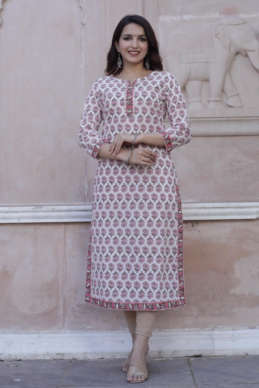 Cotton Straight Kurti - Strawberry Pink Floral Motif 1