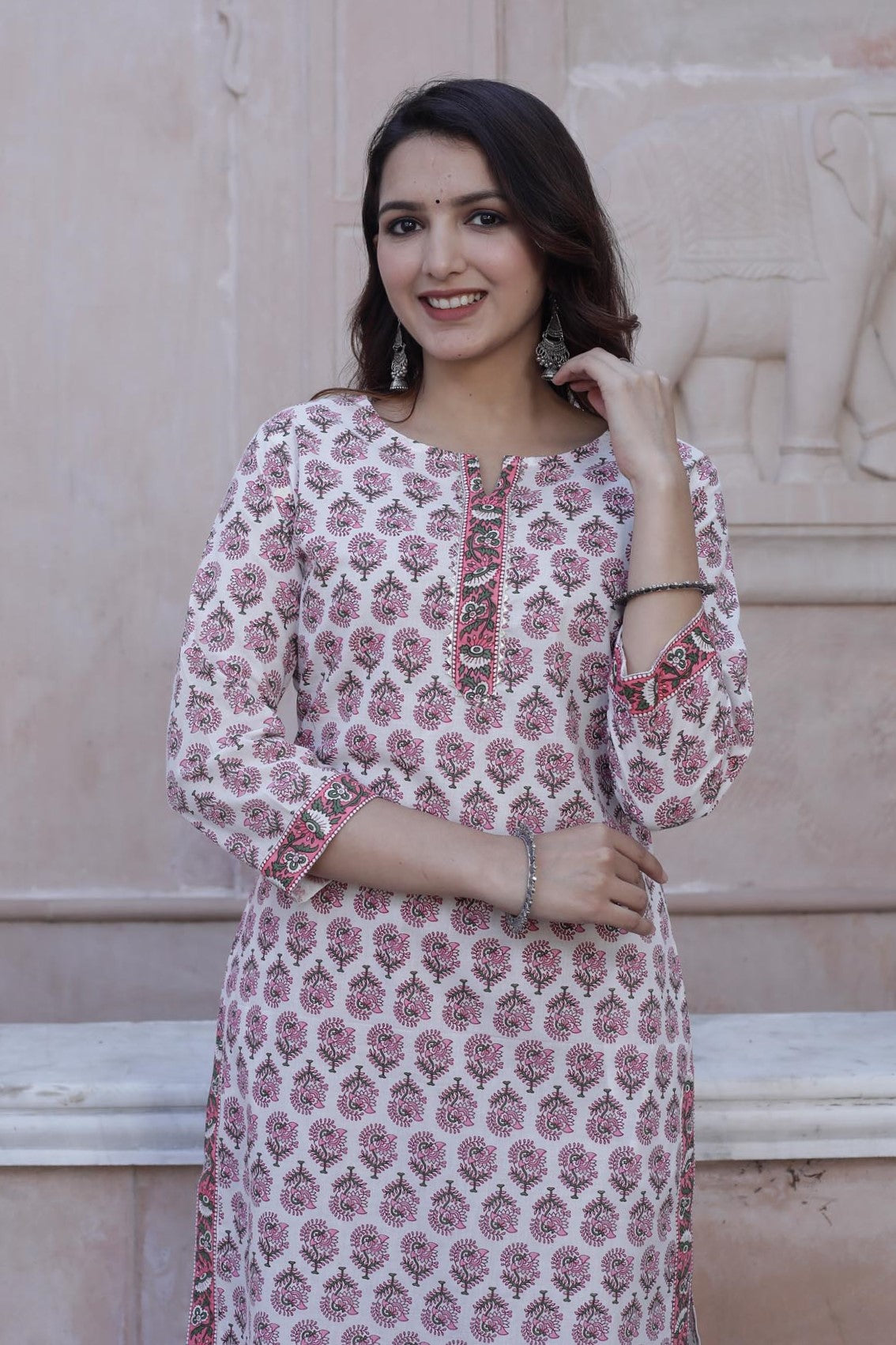 Cotton Straight Kurti - Strawberry Pink Floral Motif