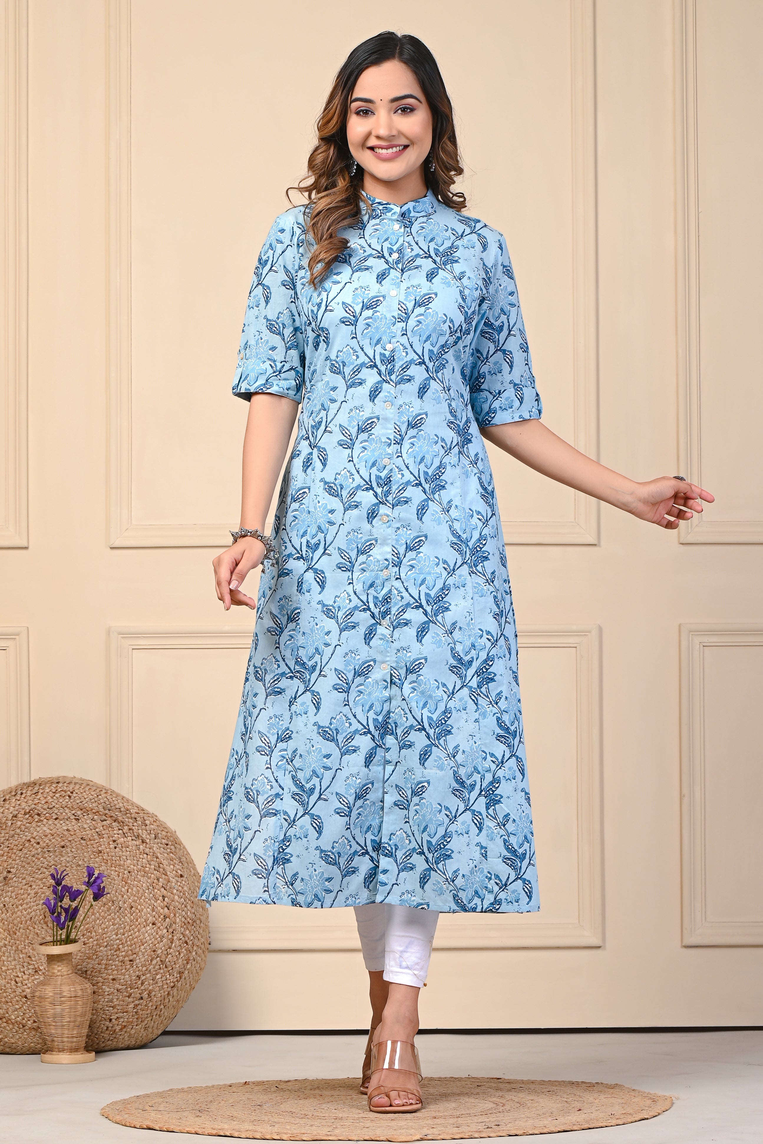 Cotton Ocean Blue Floral Motif Kurti