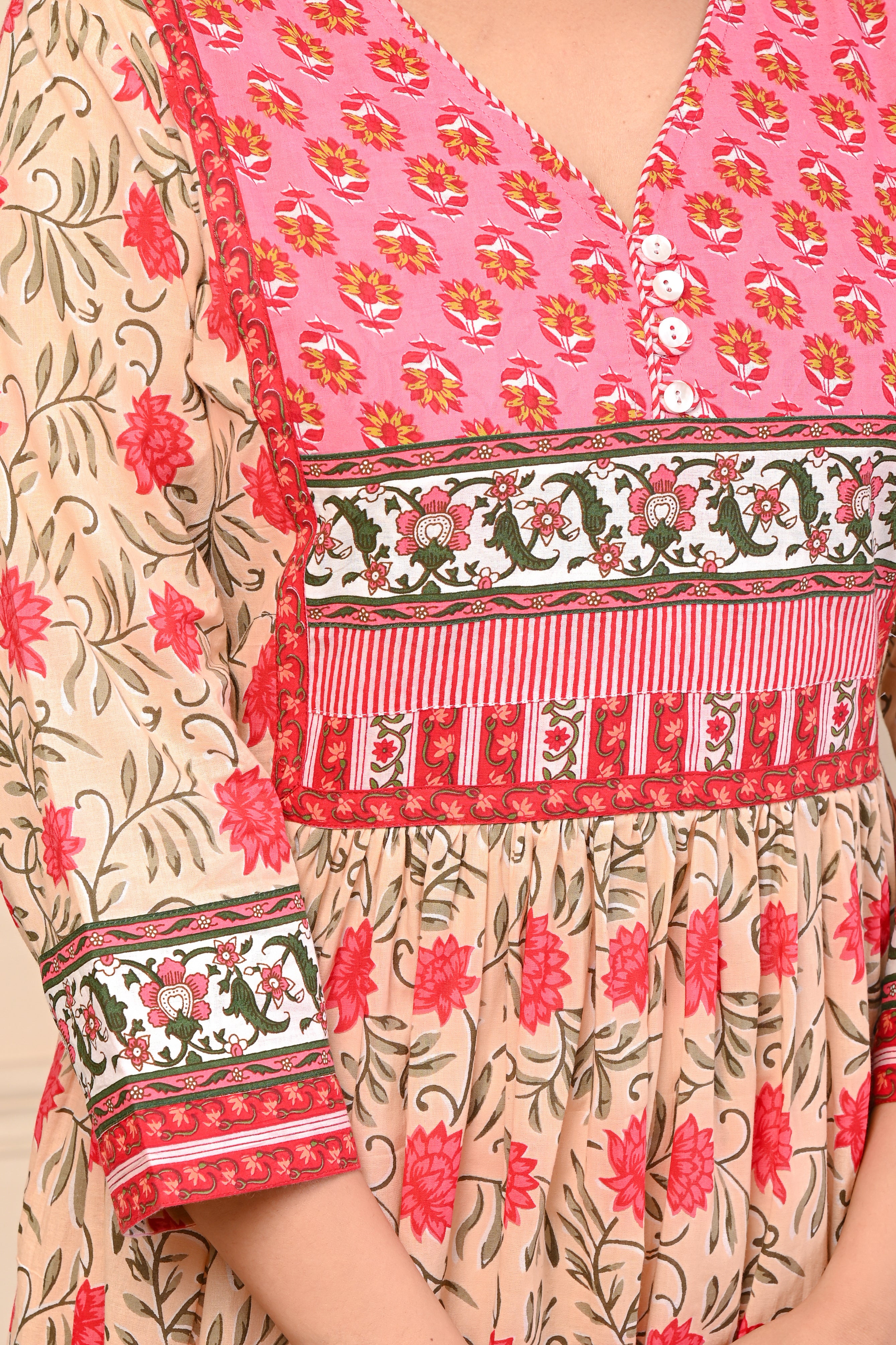 Cotton Cream Red Floral Anarkali Kurti