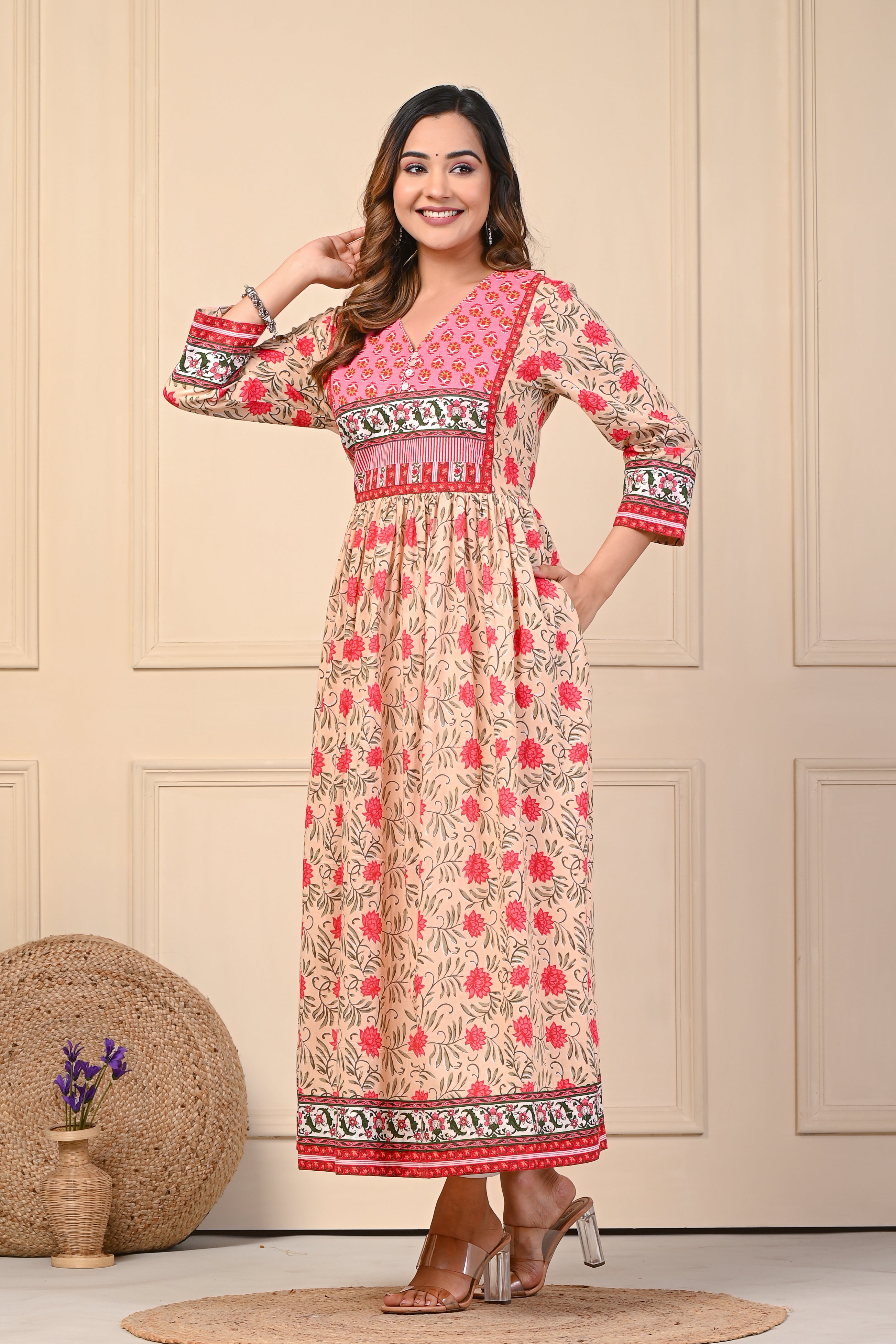 Cotton Cream Red Floral Anarkali Kurti