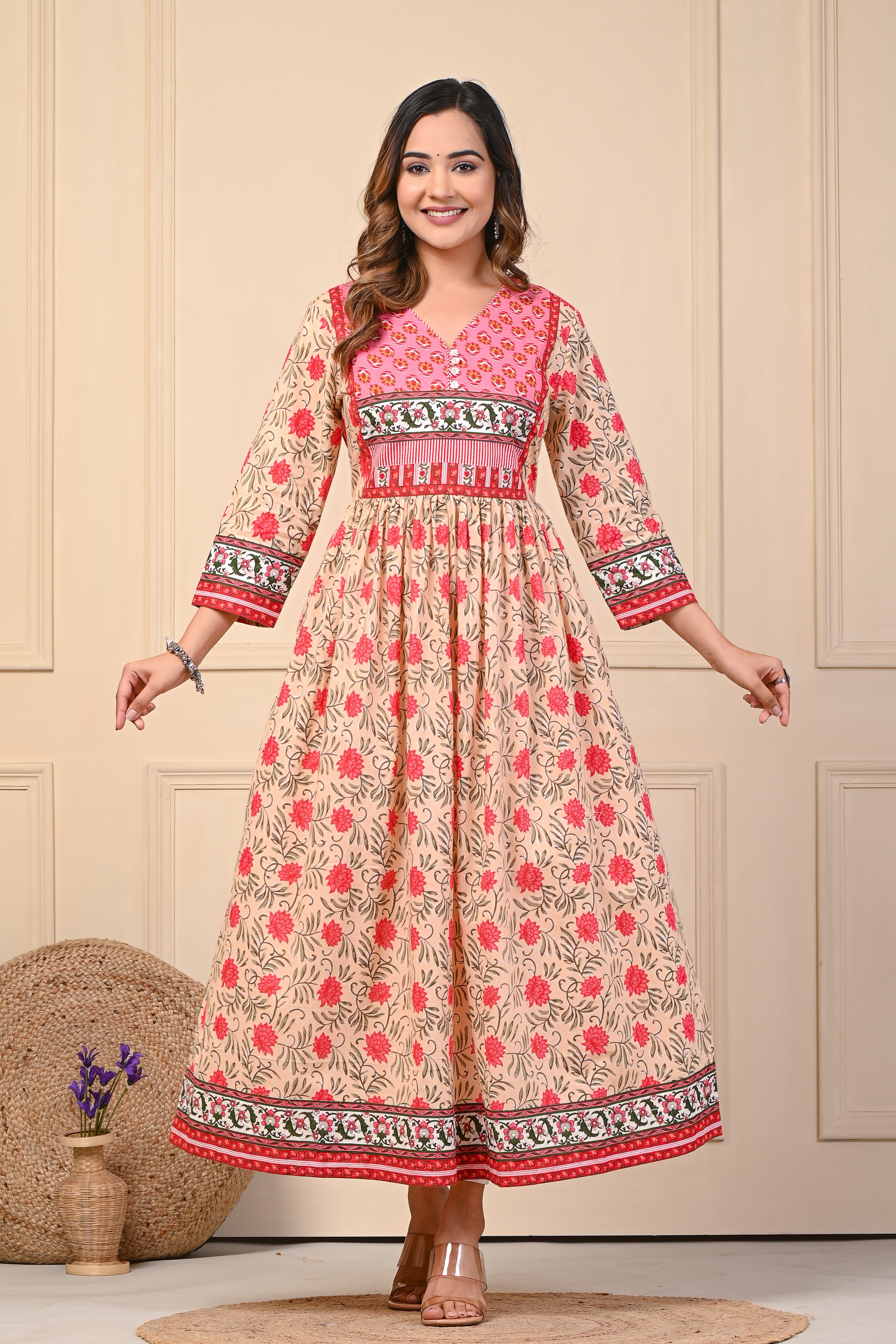 Cotton Cream Red Floral Anarkali Kurti