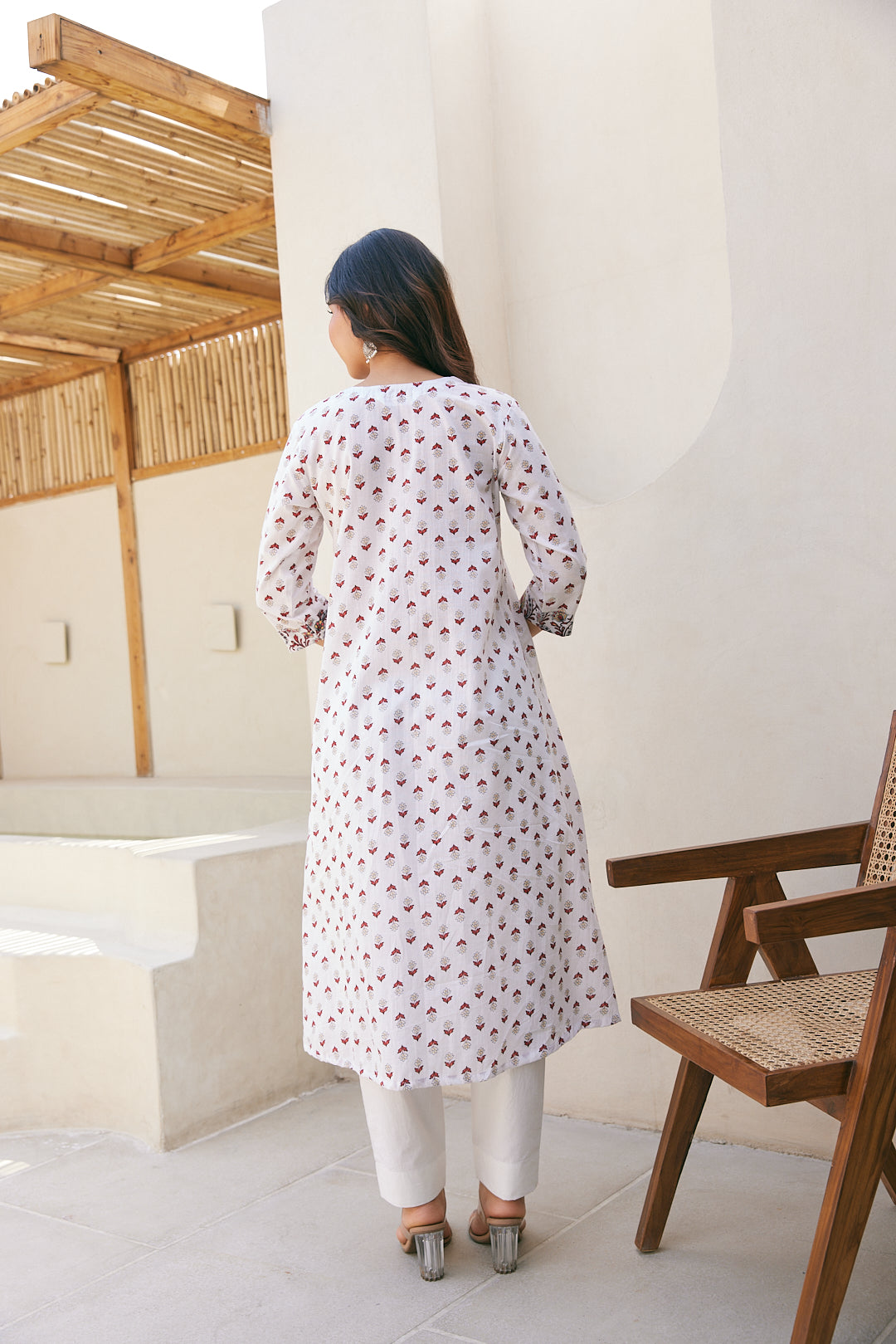 Cotton White-Red Floral Long Kurti