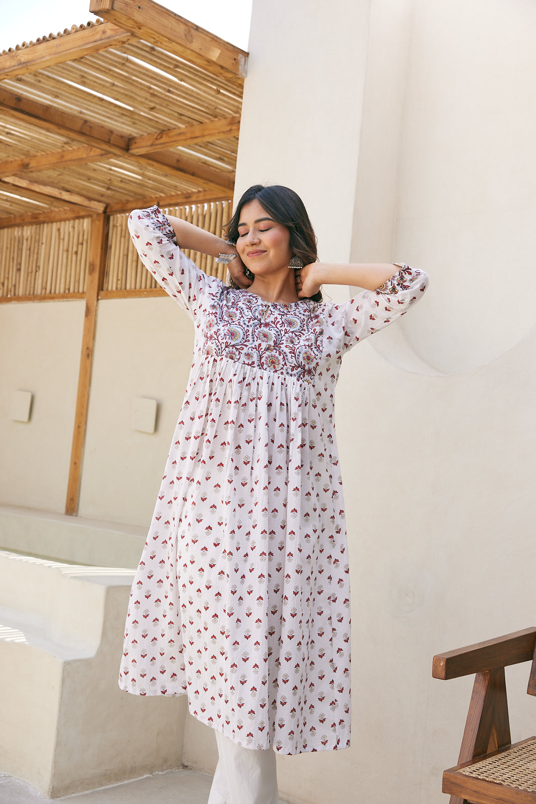Cotton White-Red Floral Long Kurti