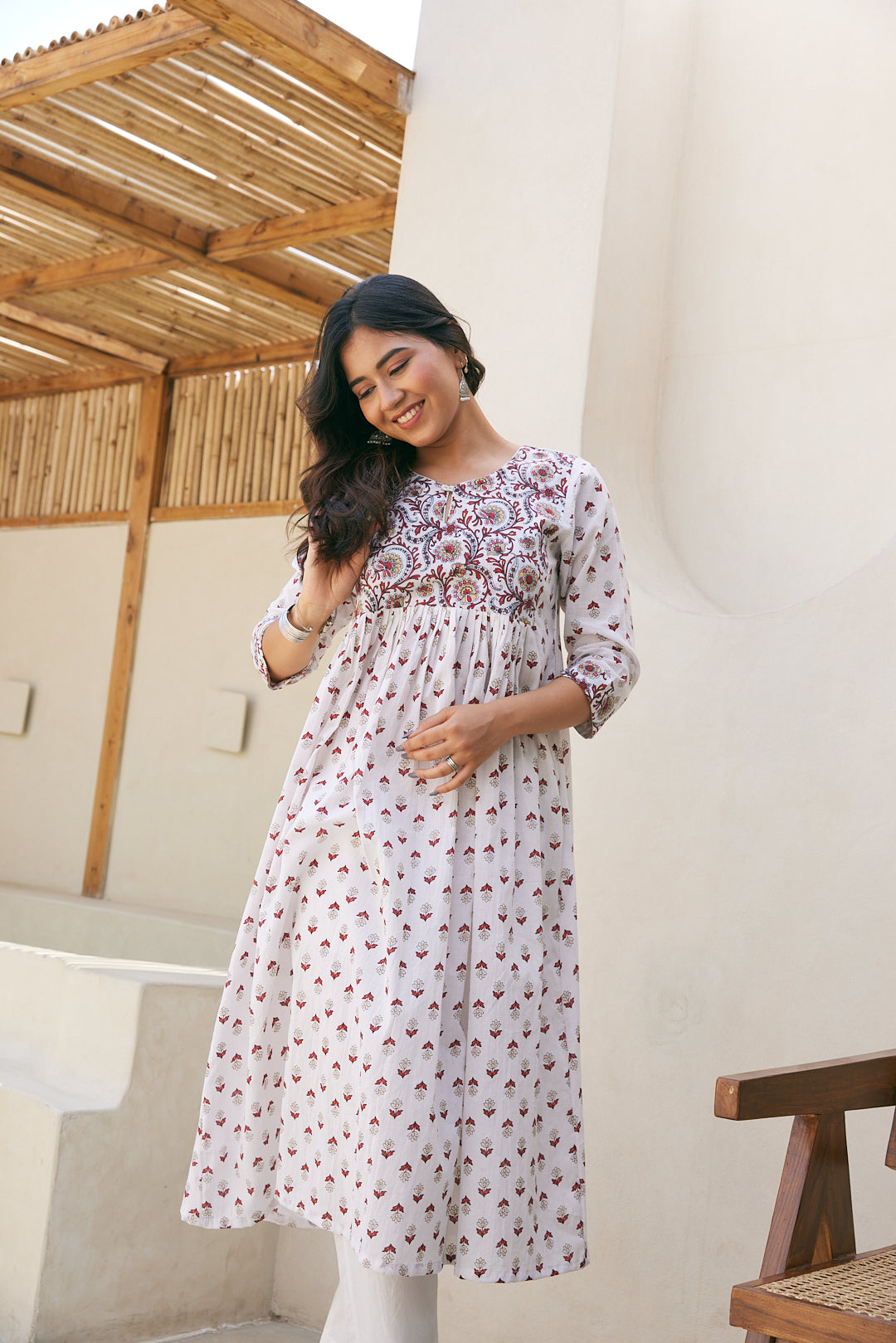 Cotton White-Red Floral Long Kurti