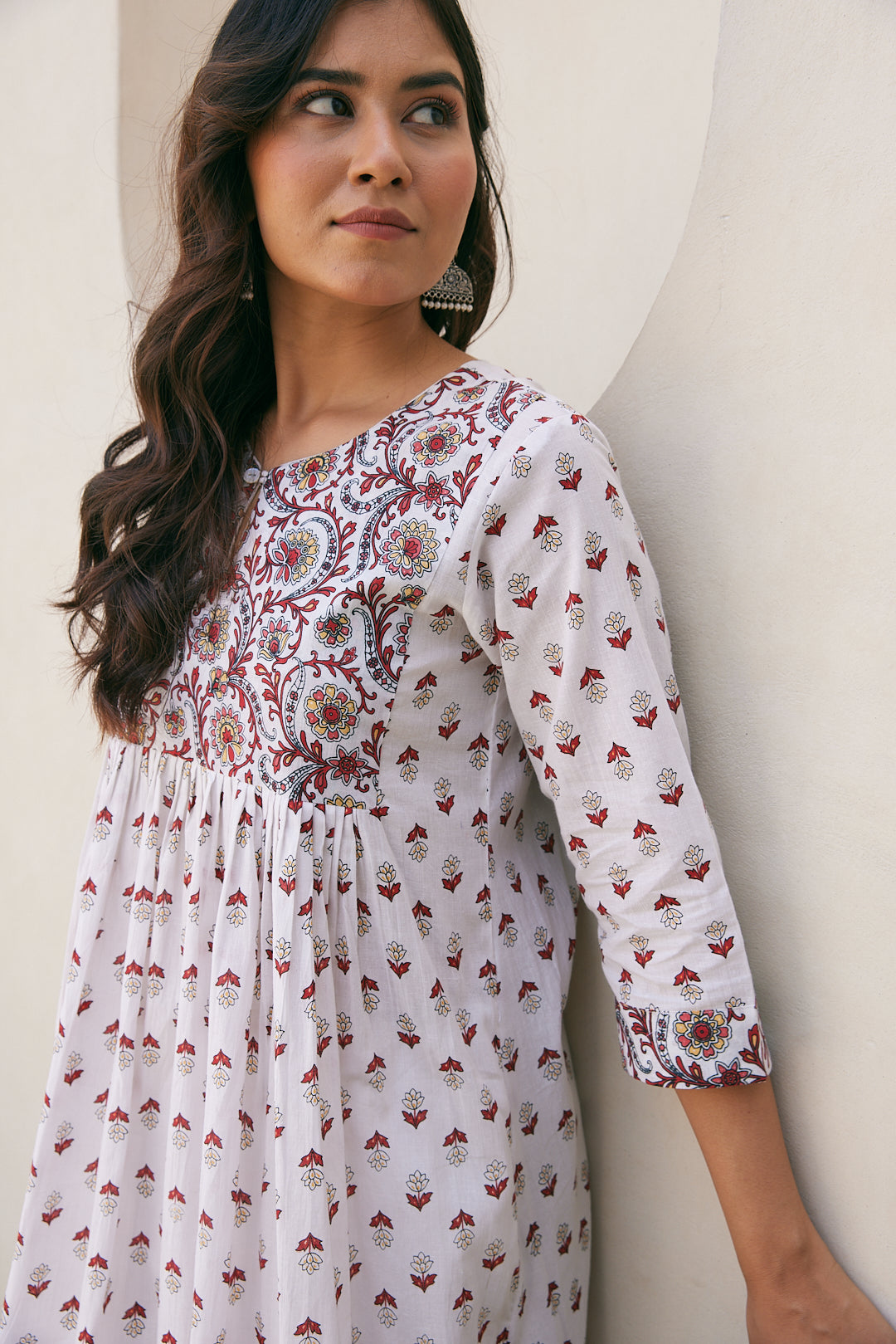Cotton White-Red Floral Long Kurti