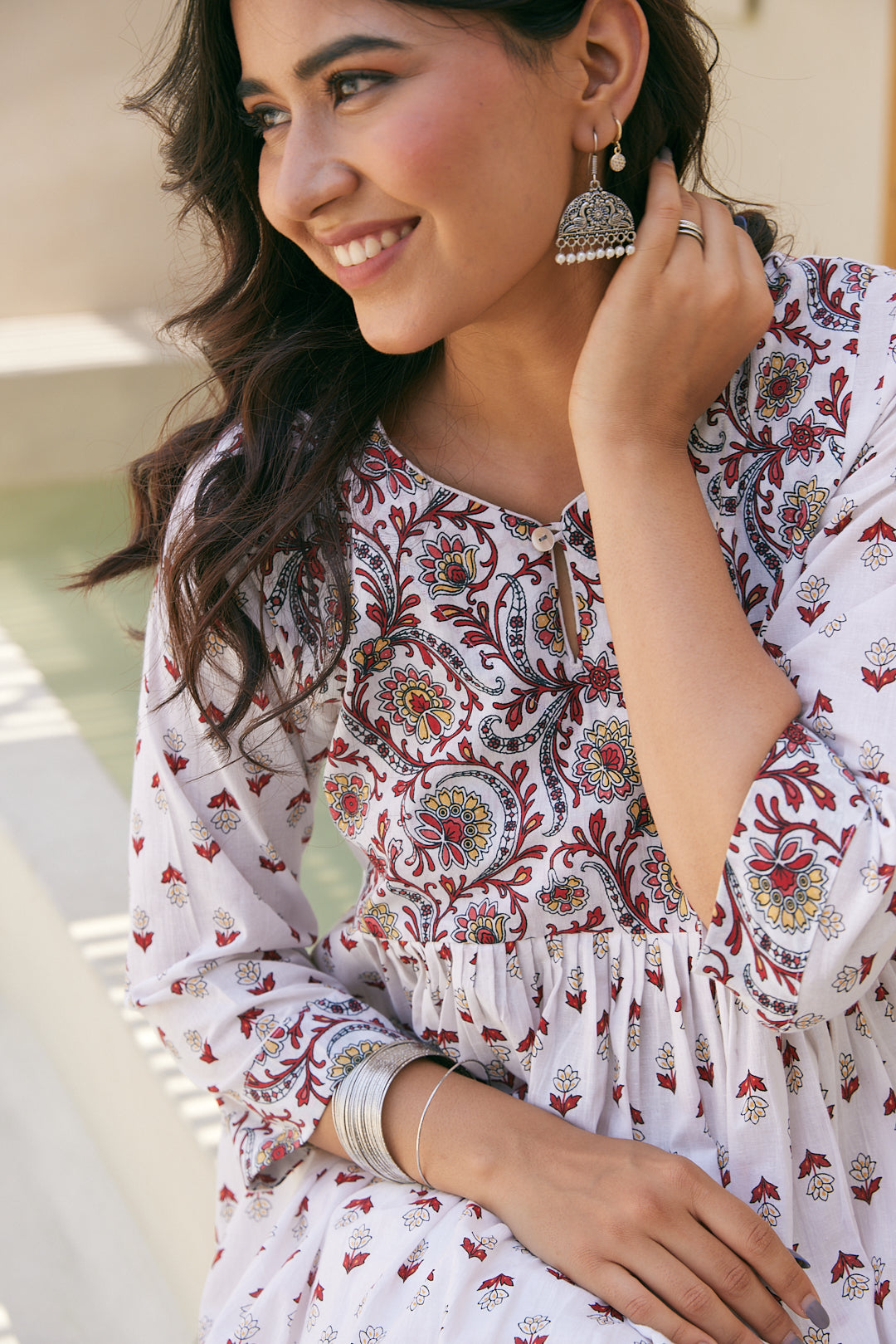 Cotton White-Red Floral Long Kurti