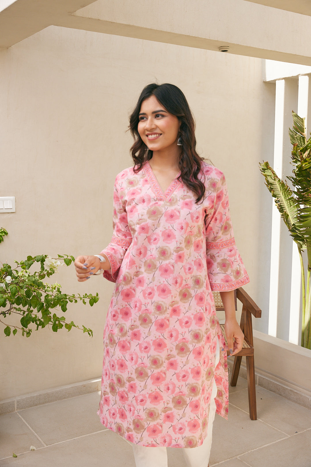 Cotton Pink-Brown Floral Long Kurti