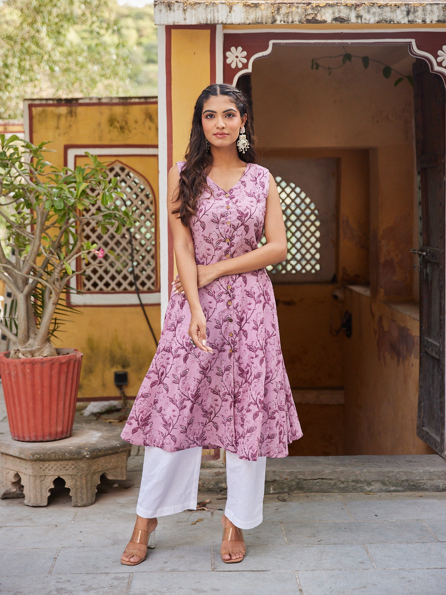 Women Purple Floral Jaal Cotton Mulmul Long Kurti
