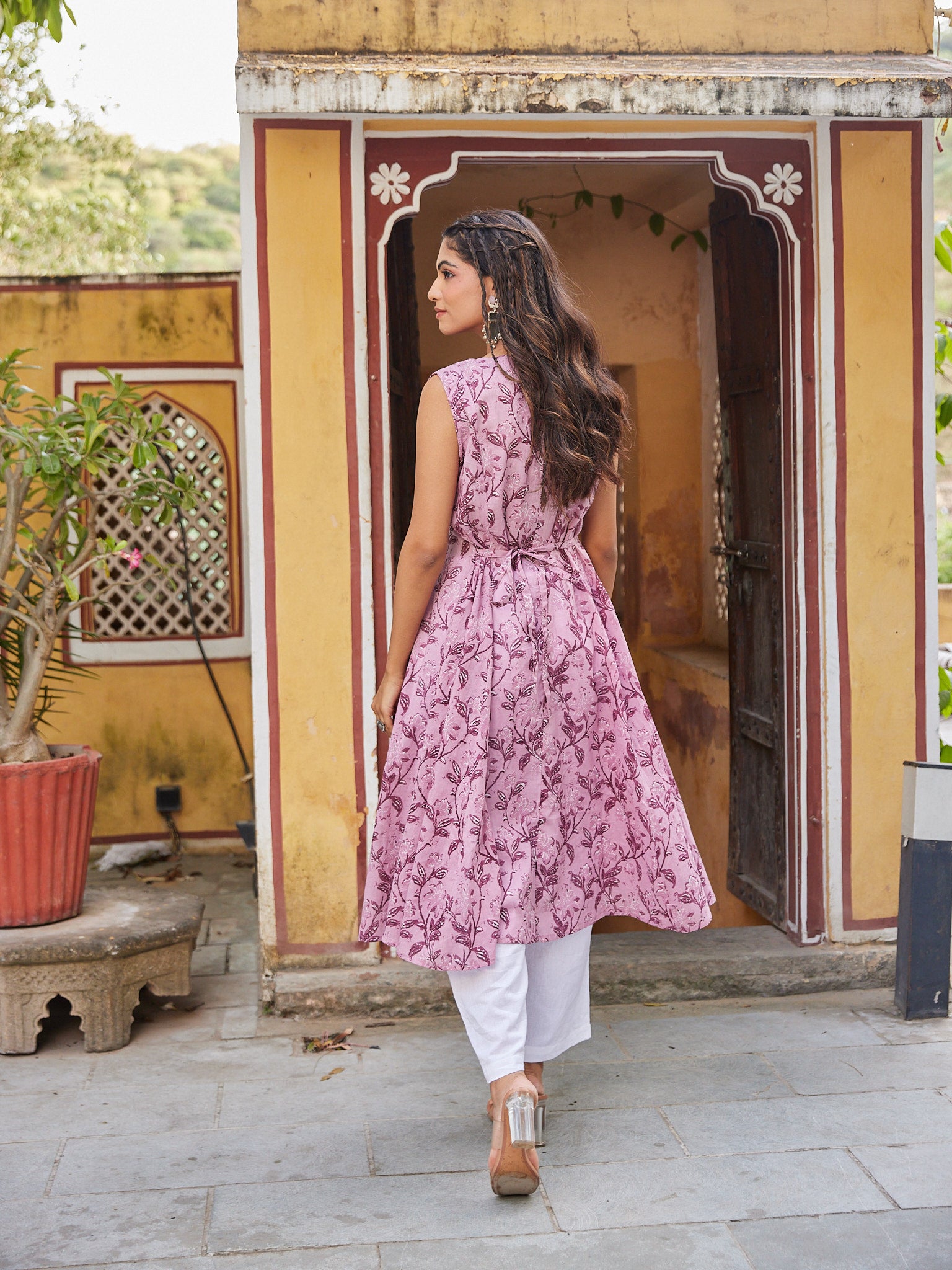 Women Purple Floral Jaal Cotton Mulmul Long Kurti