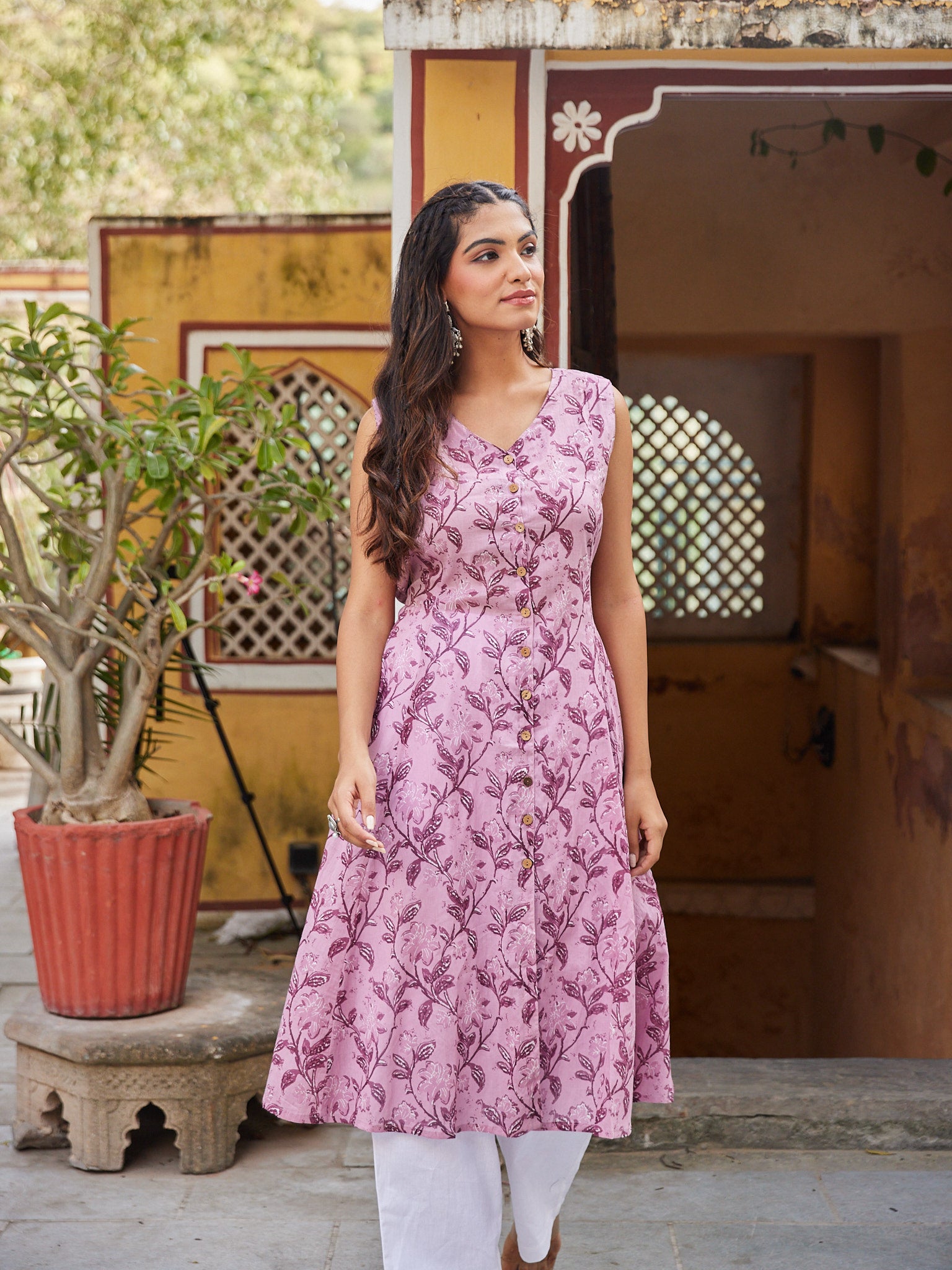 Women Purple Floral Jaal Cotton Mulmul Long Kurti