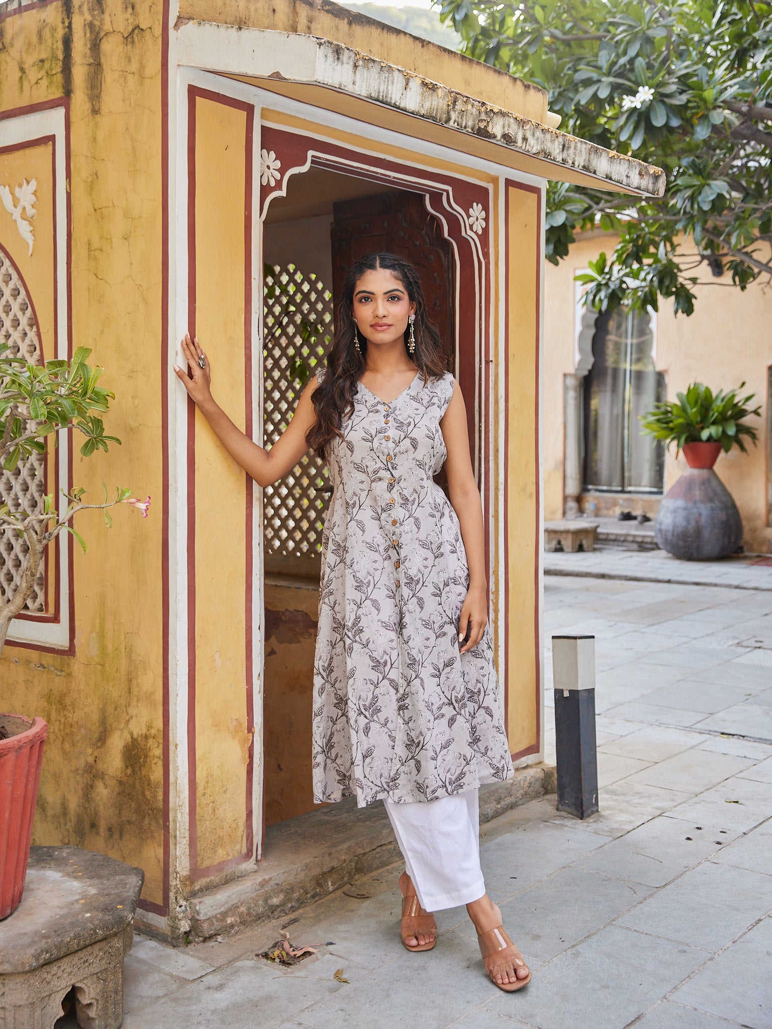 Women Grey Floral Jaal Cotton Mulmul Long Kurti